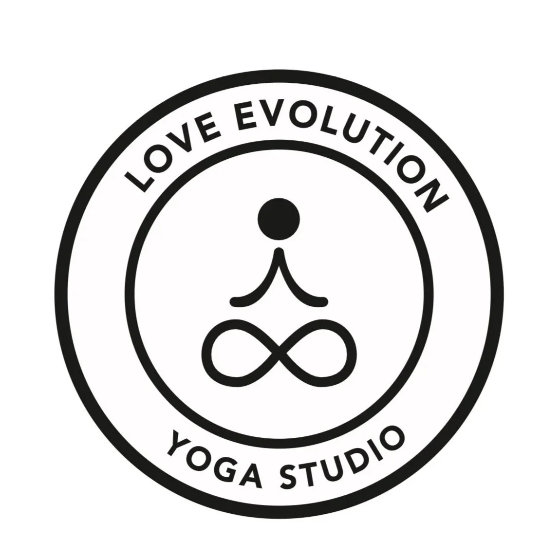 Logo for Love Evolution Yoga Studio featuring a stylized person in a yoga pose with an infinity symbol for legs, surrounded by the text 'LOVE EVOLUTION YOGA STUDIO'.
