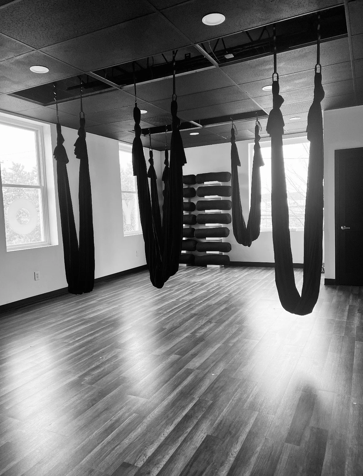 Black and white photo of aerial silks hanging in studio with lots of natural light and large windows.