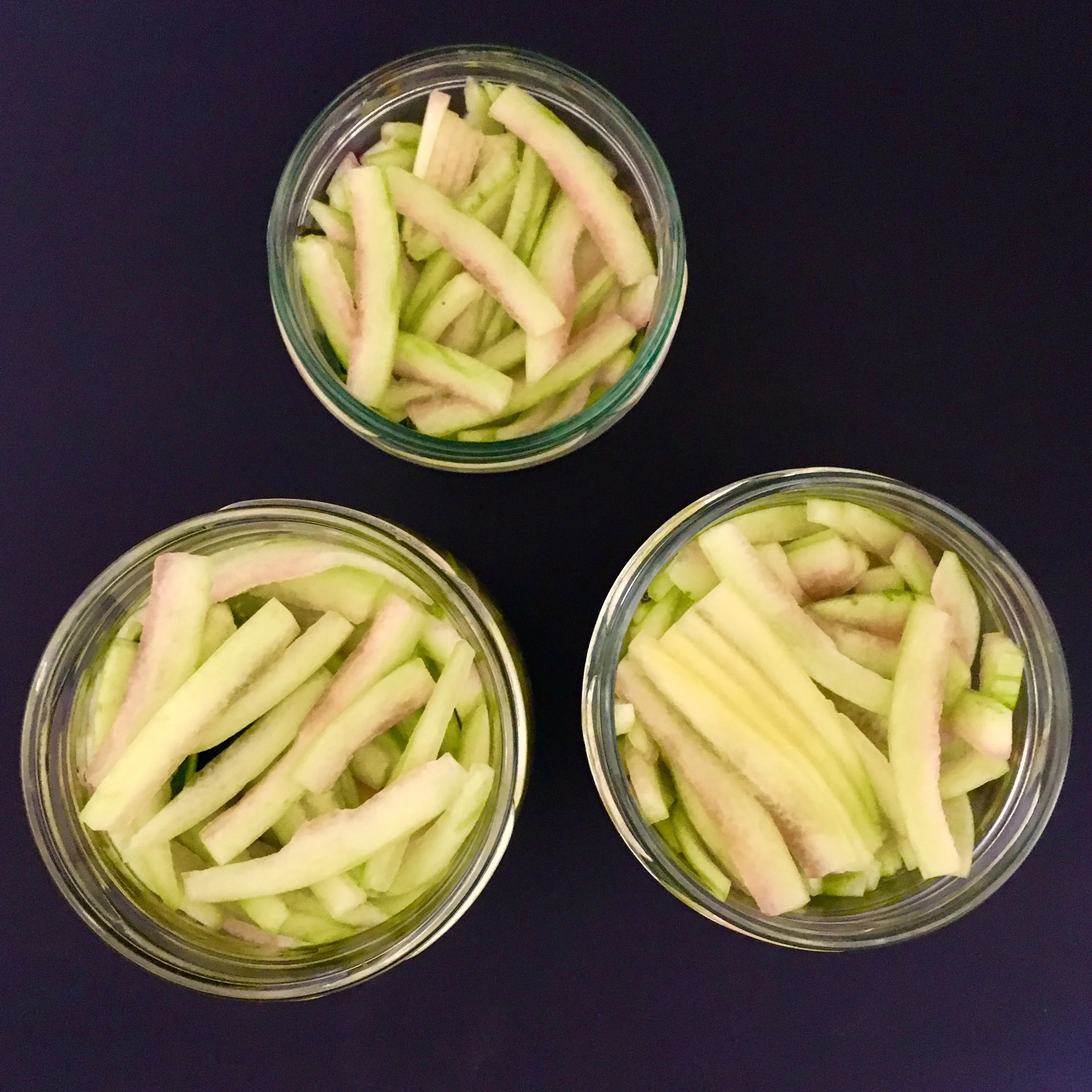 Watermelon rind waiting to be bathed (or rather preserved!) in hot pickling liquid.