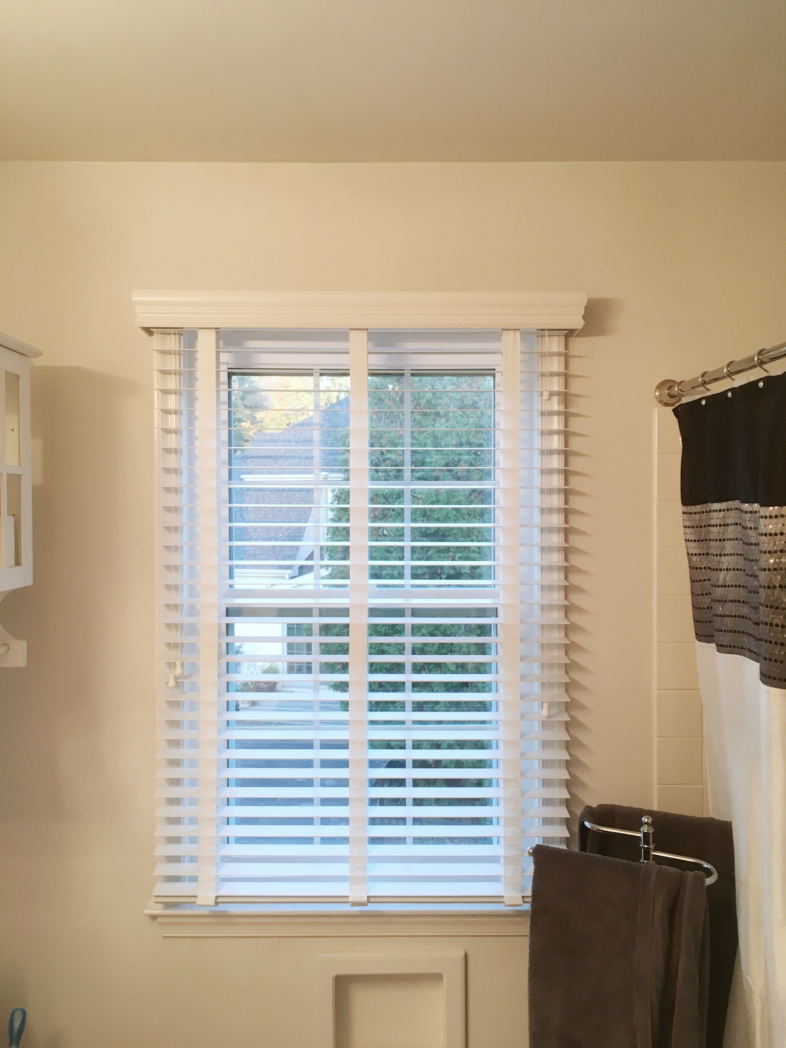 3rdGenBlinds opened custom white window blinds in master bathroom&nbsp;