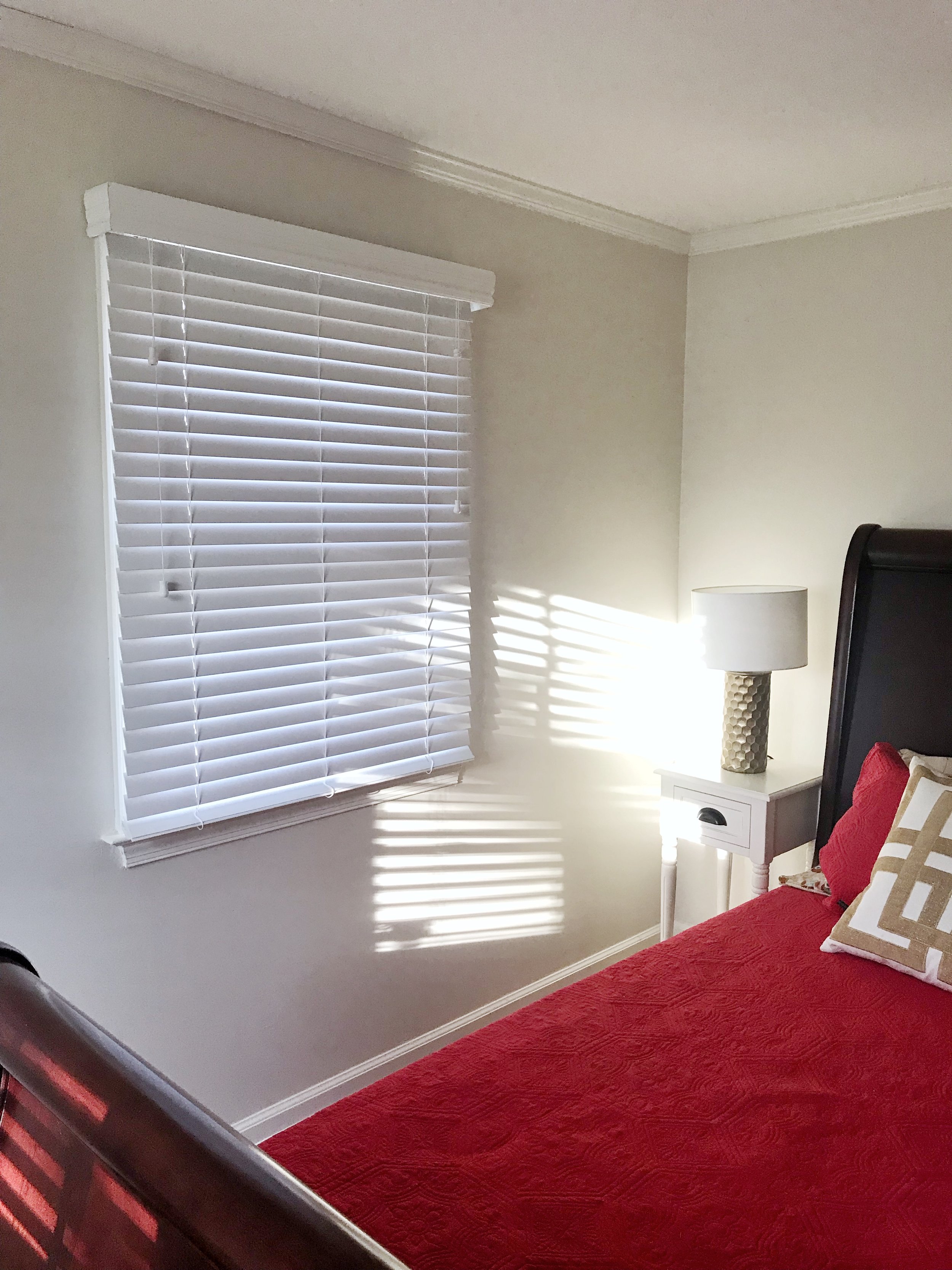 Guest bedroom custom white window blinds by 3rdGenBlinds