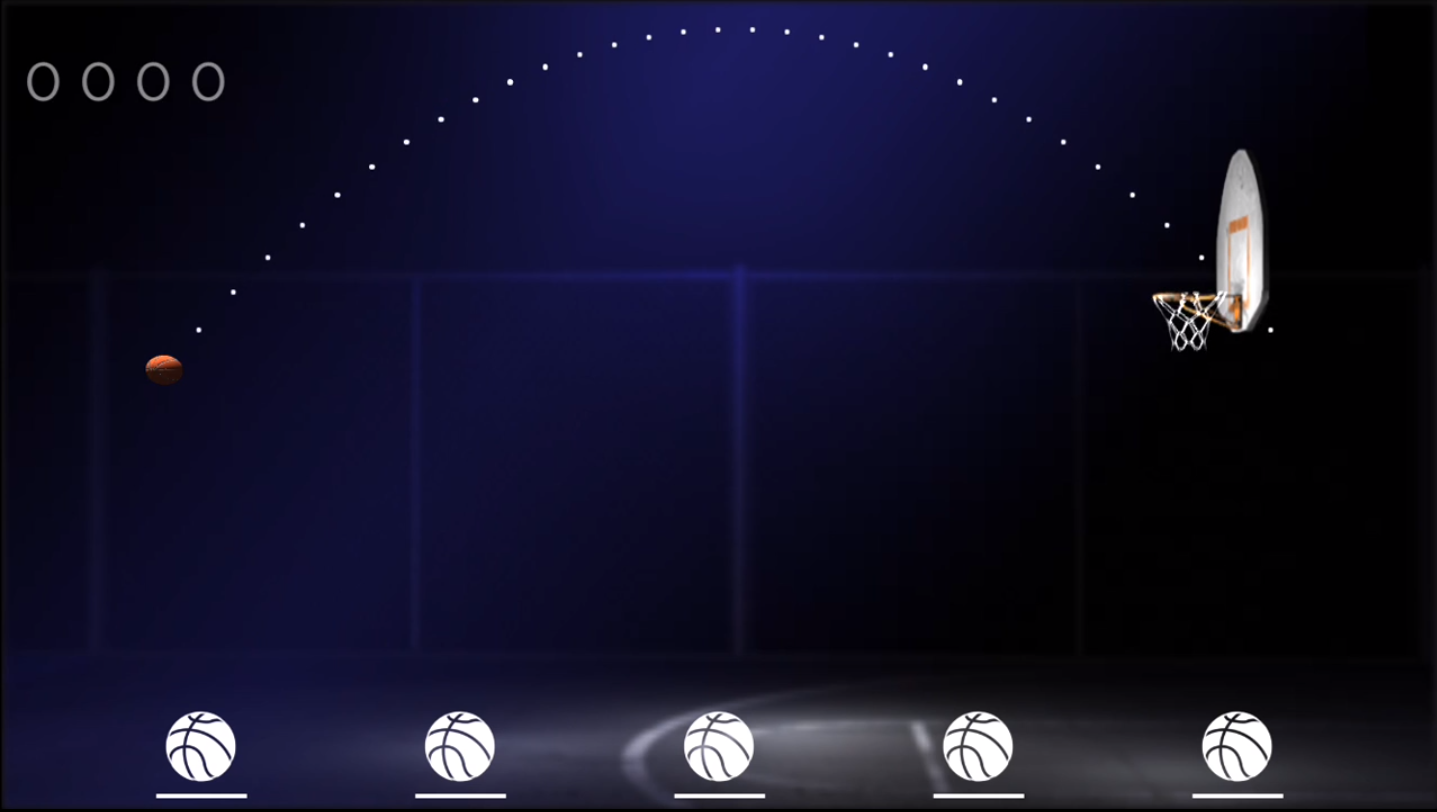  Screenshot of the device. Players drag their finger to move the arc. When players release their finger, the ball is shot along the arc. 