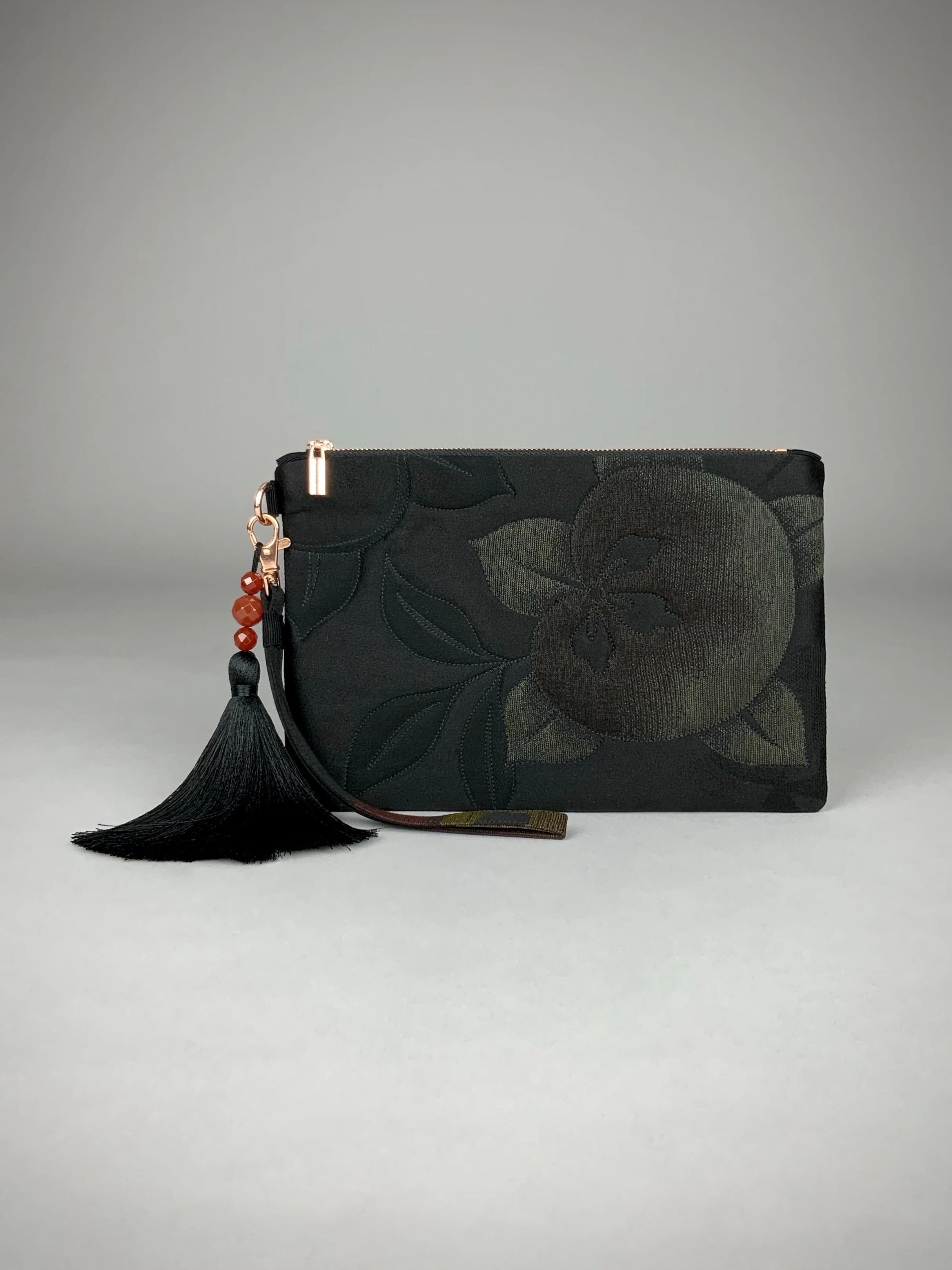 Black silk satin wristlet purse with quilted Persimmon fruit design & silk tassel, made from vintage Japanese kimono fabric by Kirsty Chivers