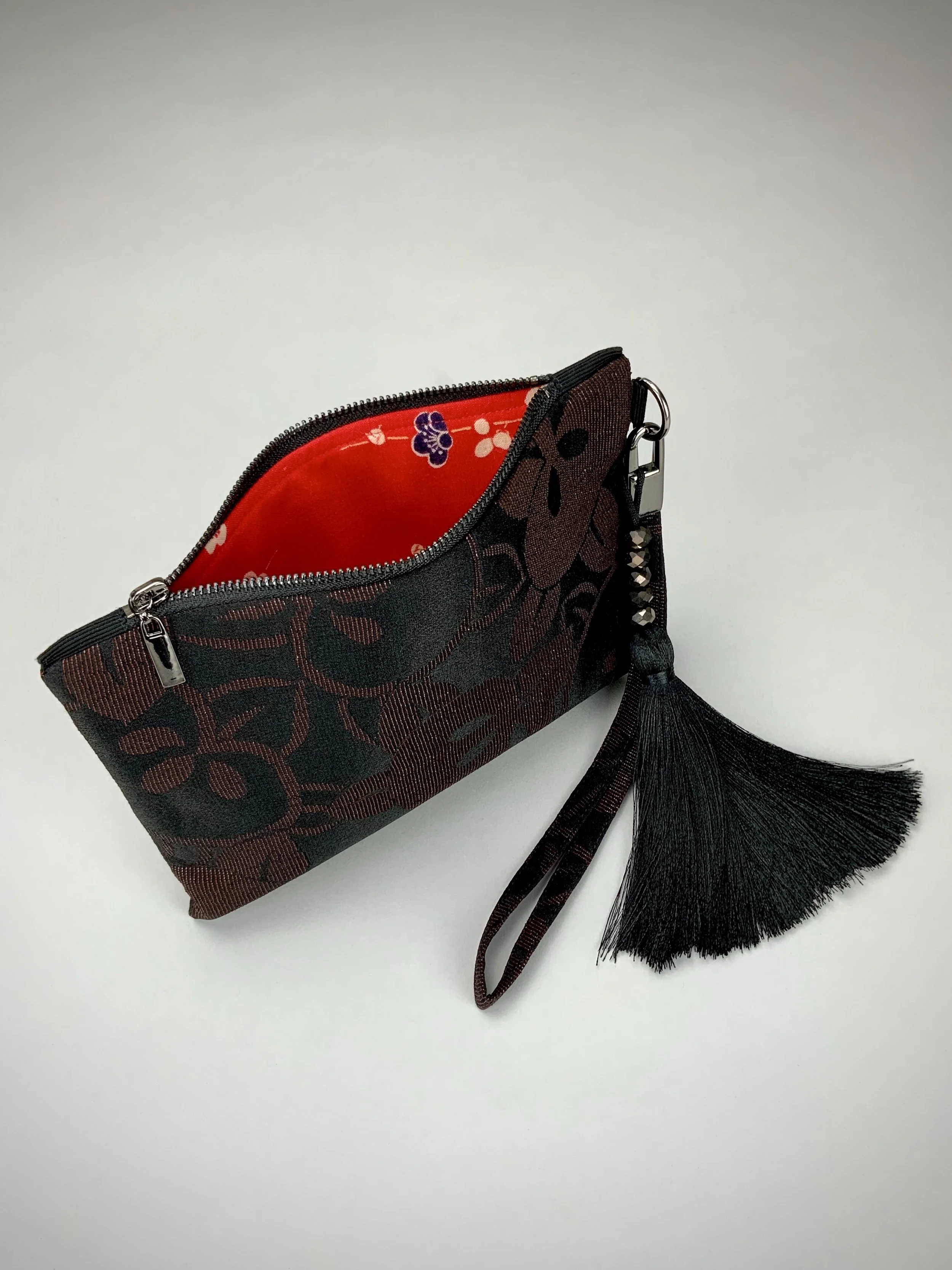Black silk wristlet purse with glittery Persimmon fruit design & silk tassel, made from vintage Japanese kimono fabric by Kirsty Chivers