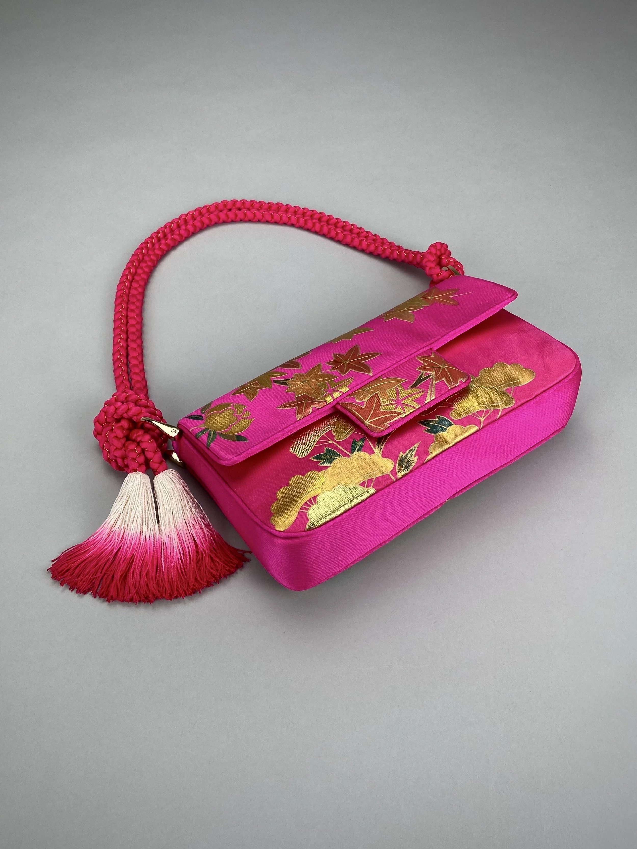 Cherry Pink & Gold Maple Leaf baguette bag, handmade from vintage Japanese kimono silk with ombre tassel obijime cord strap by Kirsty Chivers