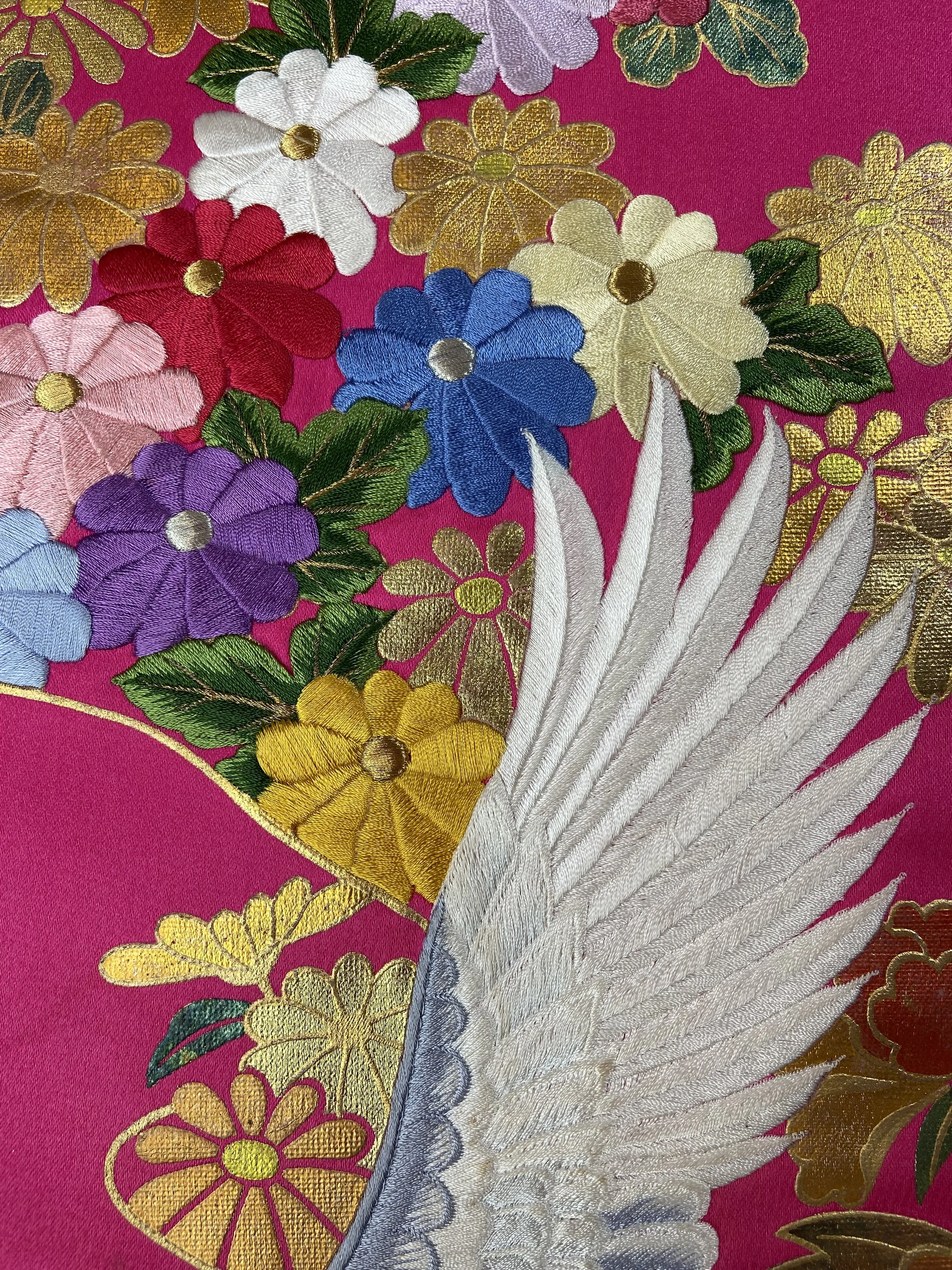 Cherry Pink Crane Feather baguette bag, handmade from vintage Japanese kimono silk with tasseled obijime cord strap by Kirsty Chivers