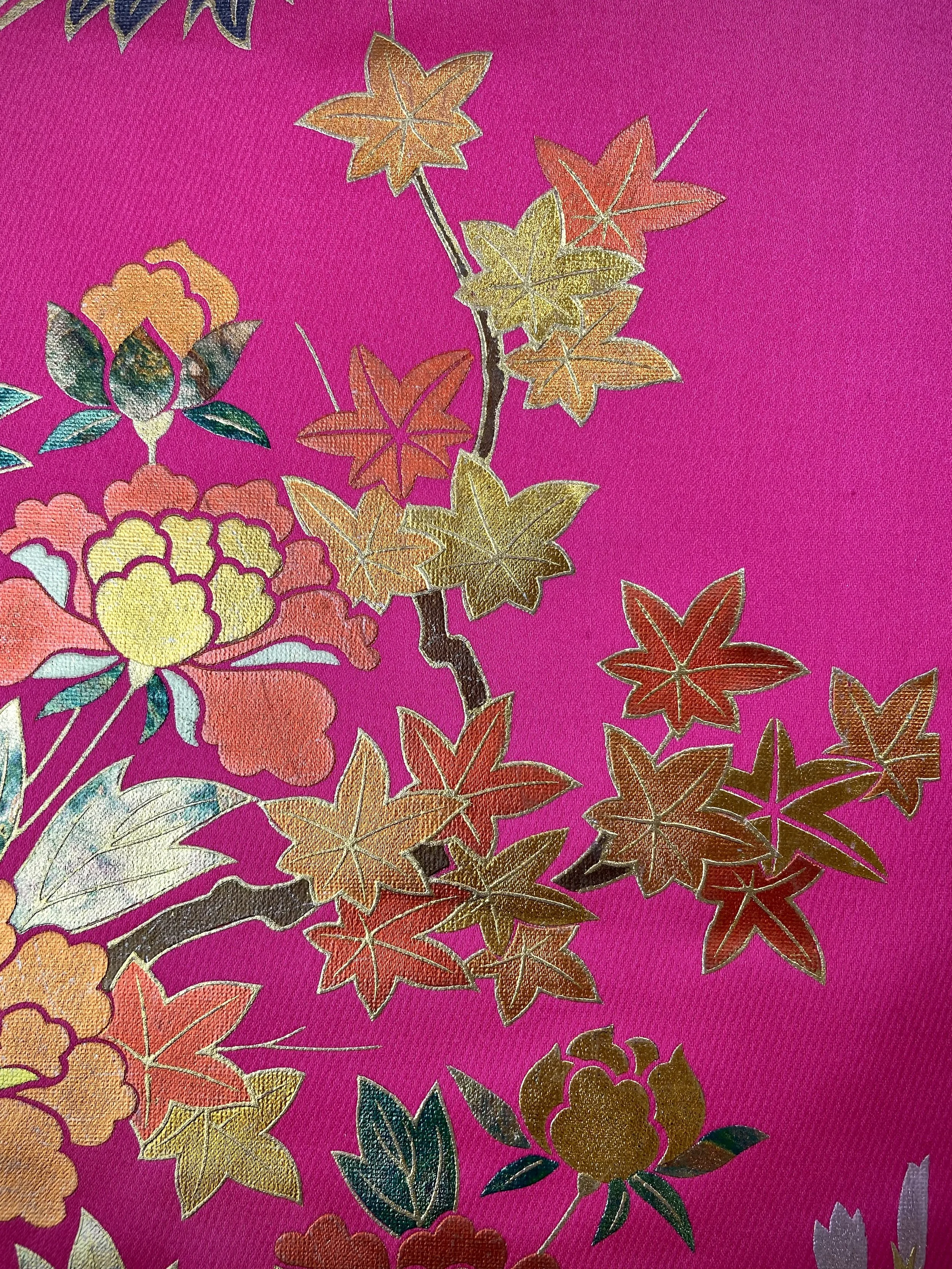 Cherry Pink & Gold Maple Leaf baguette bag, handmade from vintage Japanese kimono silk with ombre tassel obijime cord strap by Kirsty Chivers
