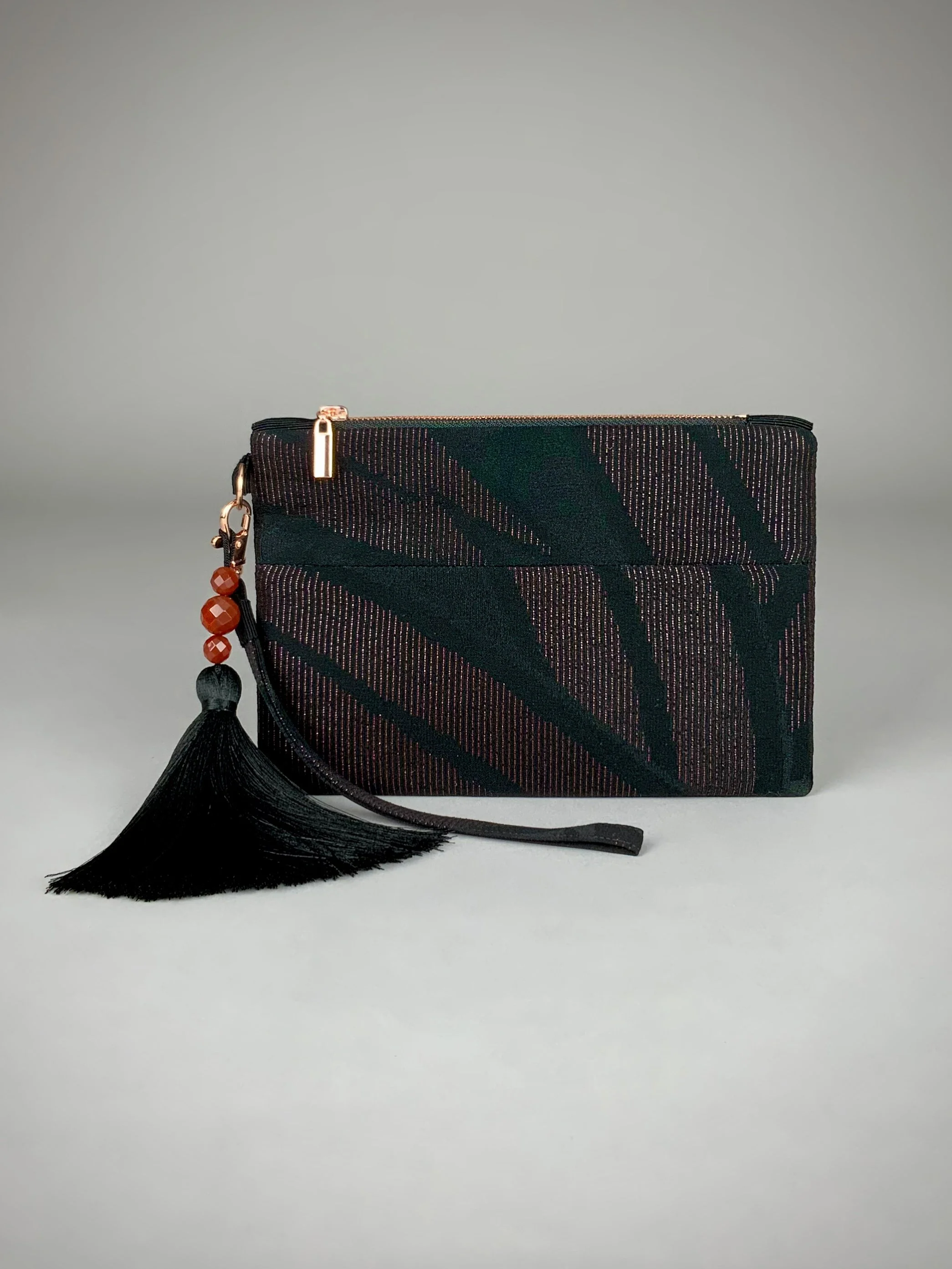 Black silk wristlet purse with urushi bamboo leaf design & silk tassel, made from vintage Japanese kimono fabric by Kirsty Chivers