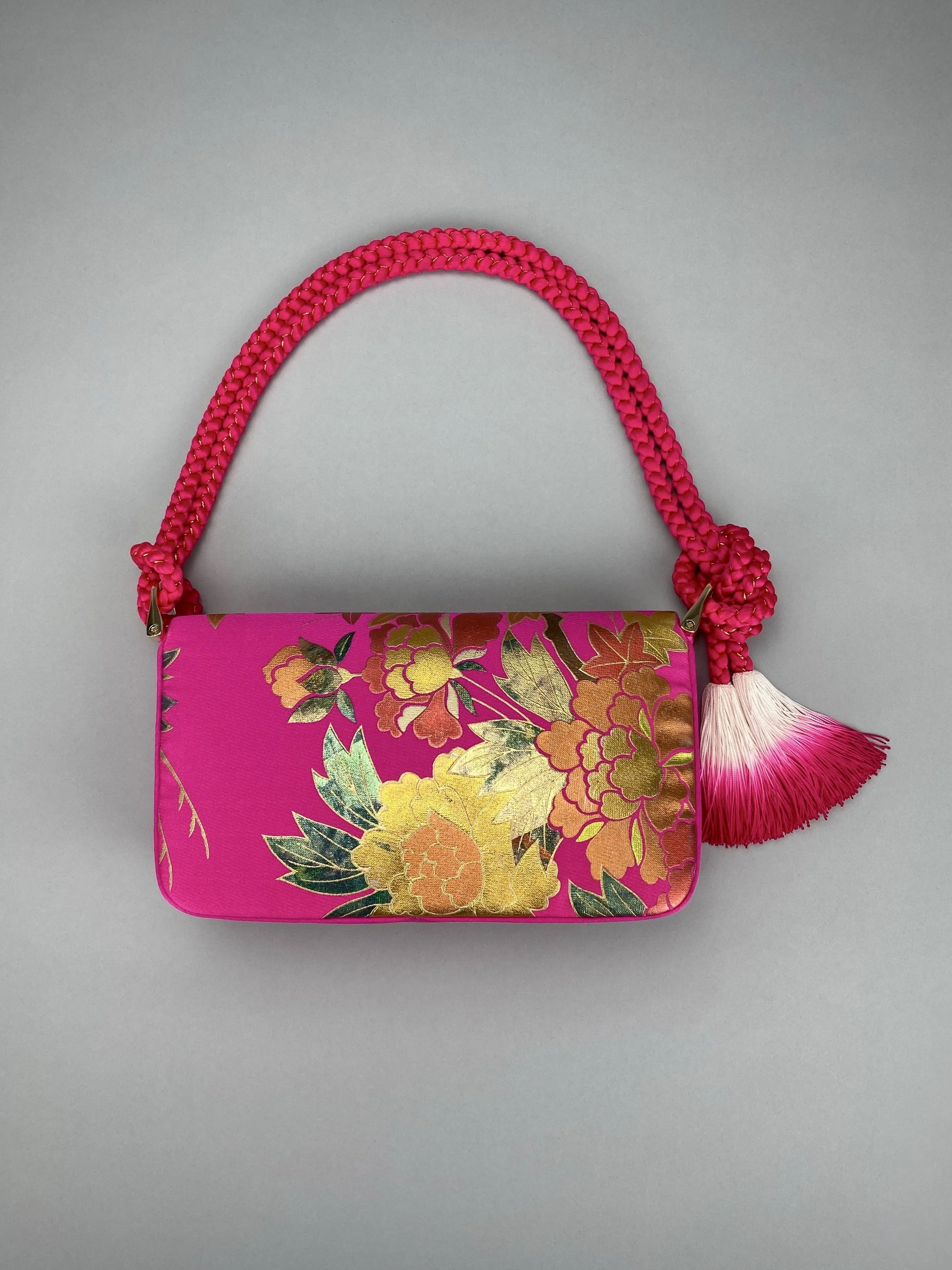 Cherry Pink & Gold Maple Leaf baguette bag, handmade from vintage Japanese kimono silk with ombre tassel obijime cord strap by Kirsty Chivers