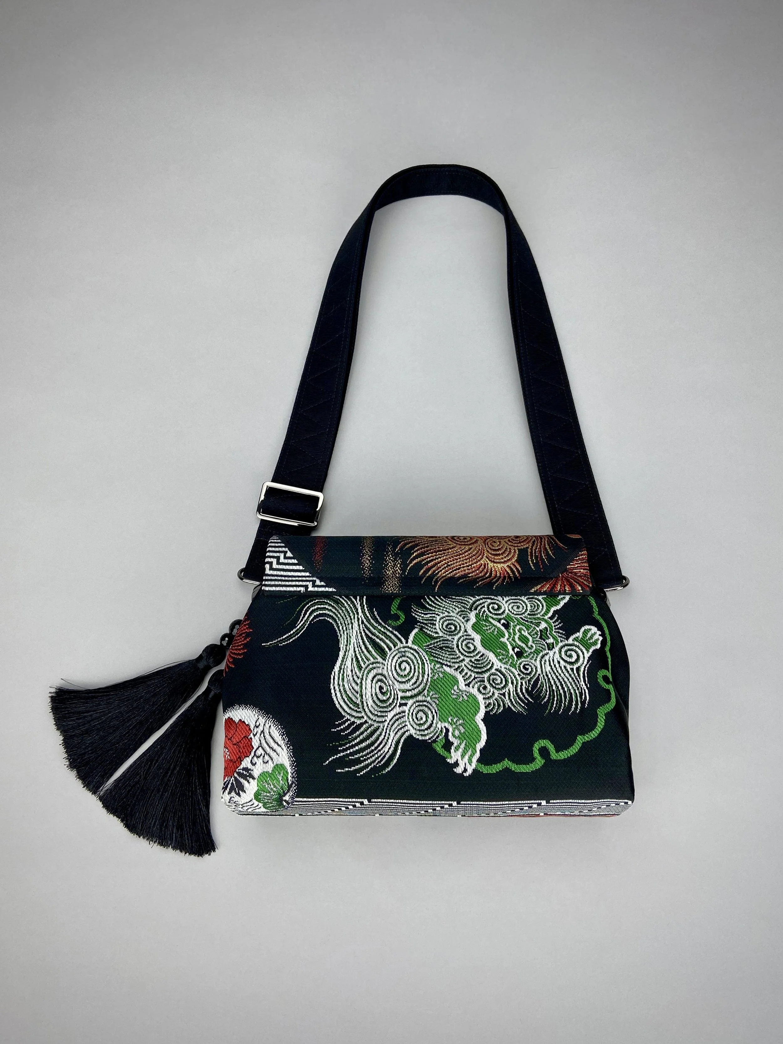 Black Dragon evening bag made from vintage Japanese obi fabric by Kirsty Chivers