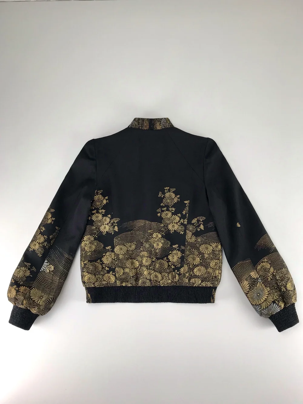 GOLD CHRYSANTHEMUM EMBROIDERED SILK BOMBER JACKET