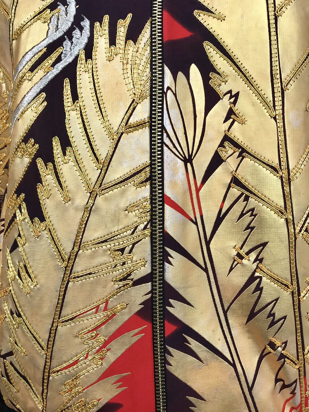 GOLD LEAF & SILVER CRANE EMBROIDERED SILK BOMBER JACKET GOLD LEAF & SILVER CRANE EMBROIDERED SILK BOMBER JACKET