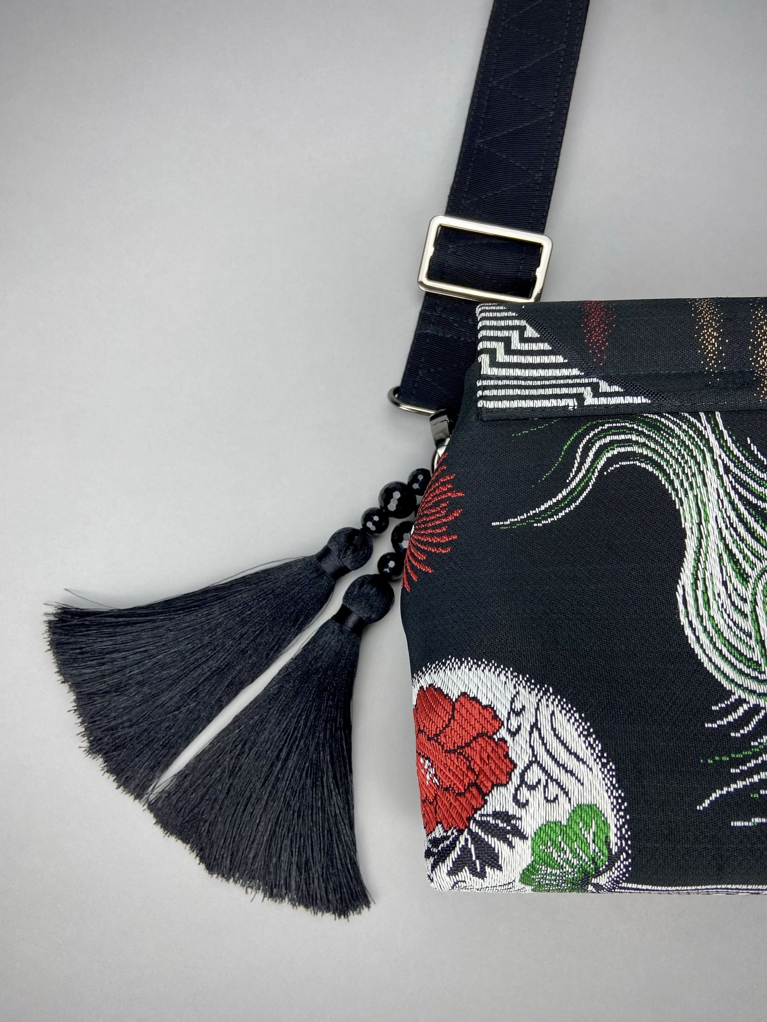 Black Dragon evening bag made from vintage Japanese obi fabric by Kirsty Chivers