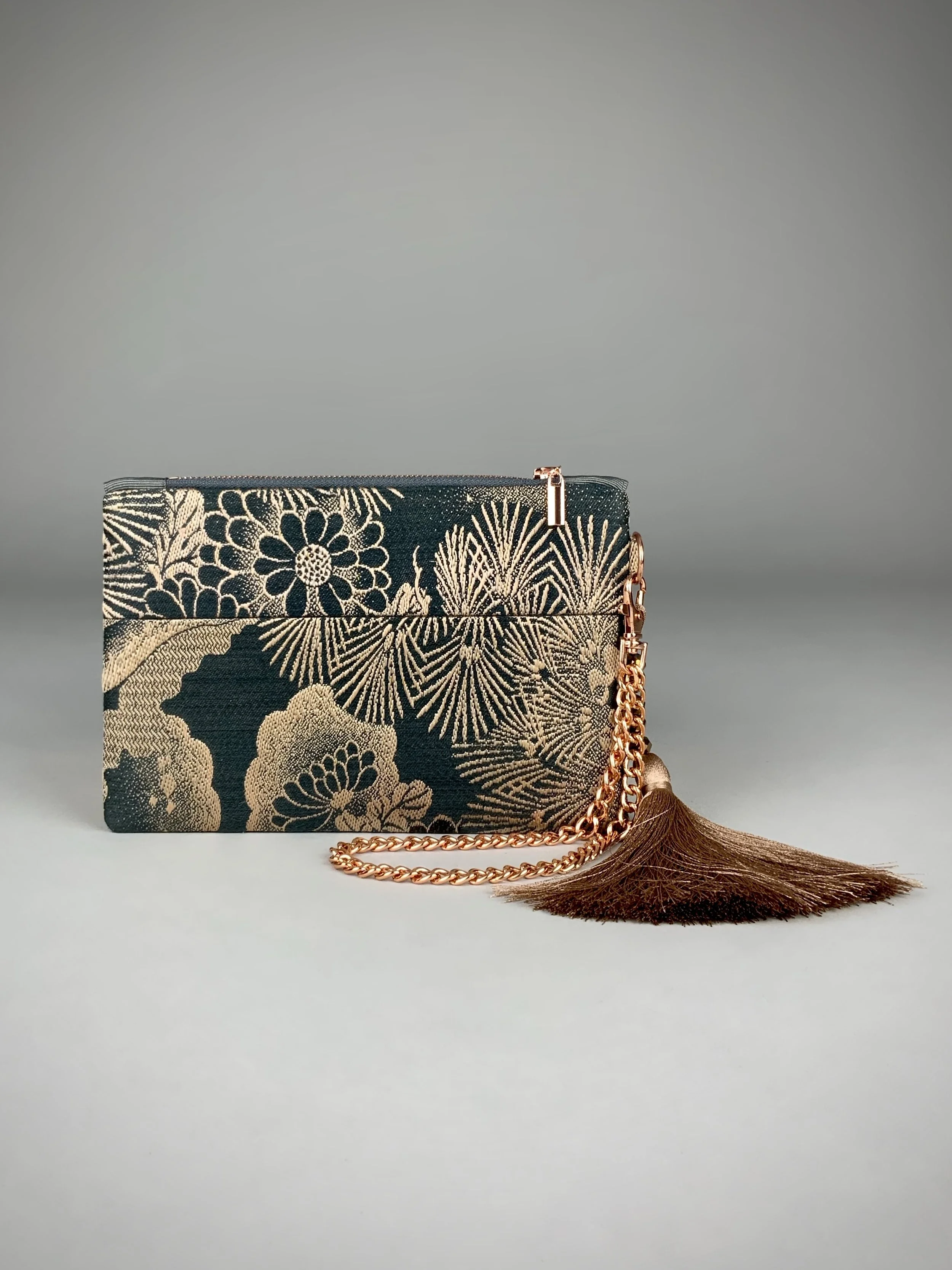 Unique evening clutch purse with tassel, made from vintage Japanese obi fabric