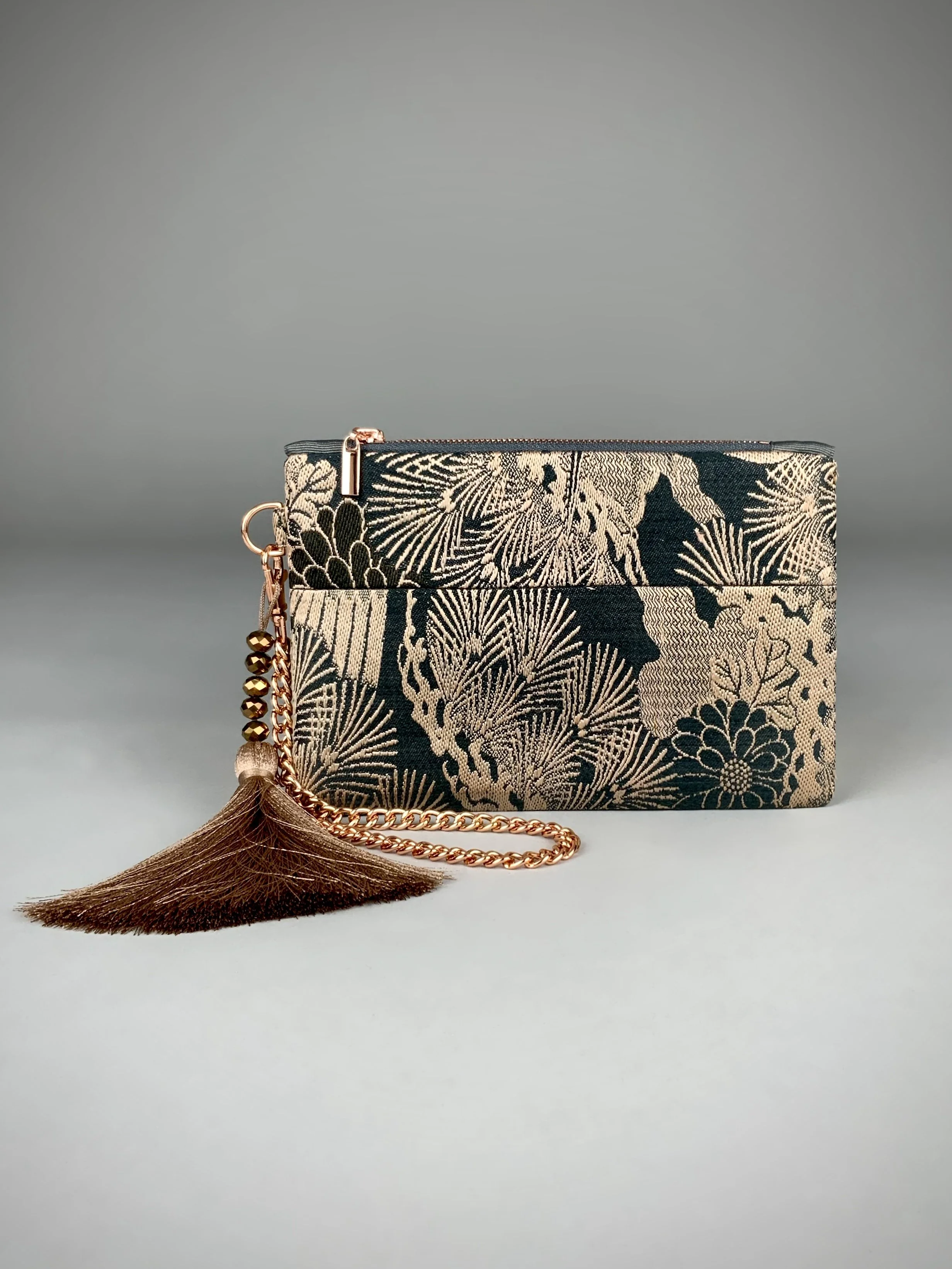 Unique evening clutch purse with tassel, made from vintage Japanese obi fabric