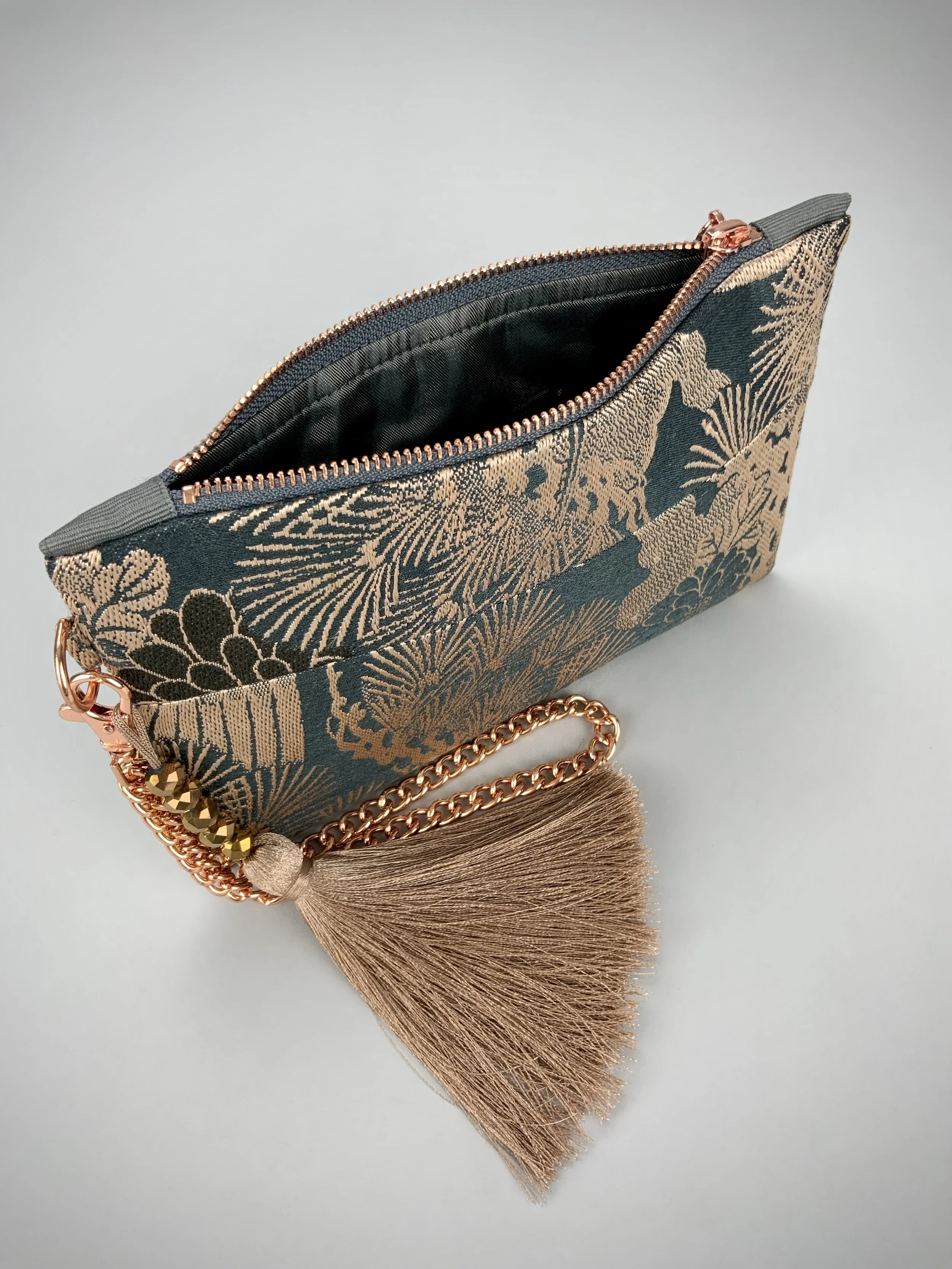 Interior of unique evening clutch purse with tassel, made from vintage Japanese obi fabric