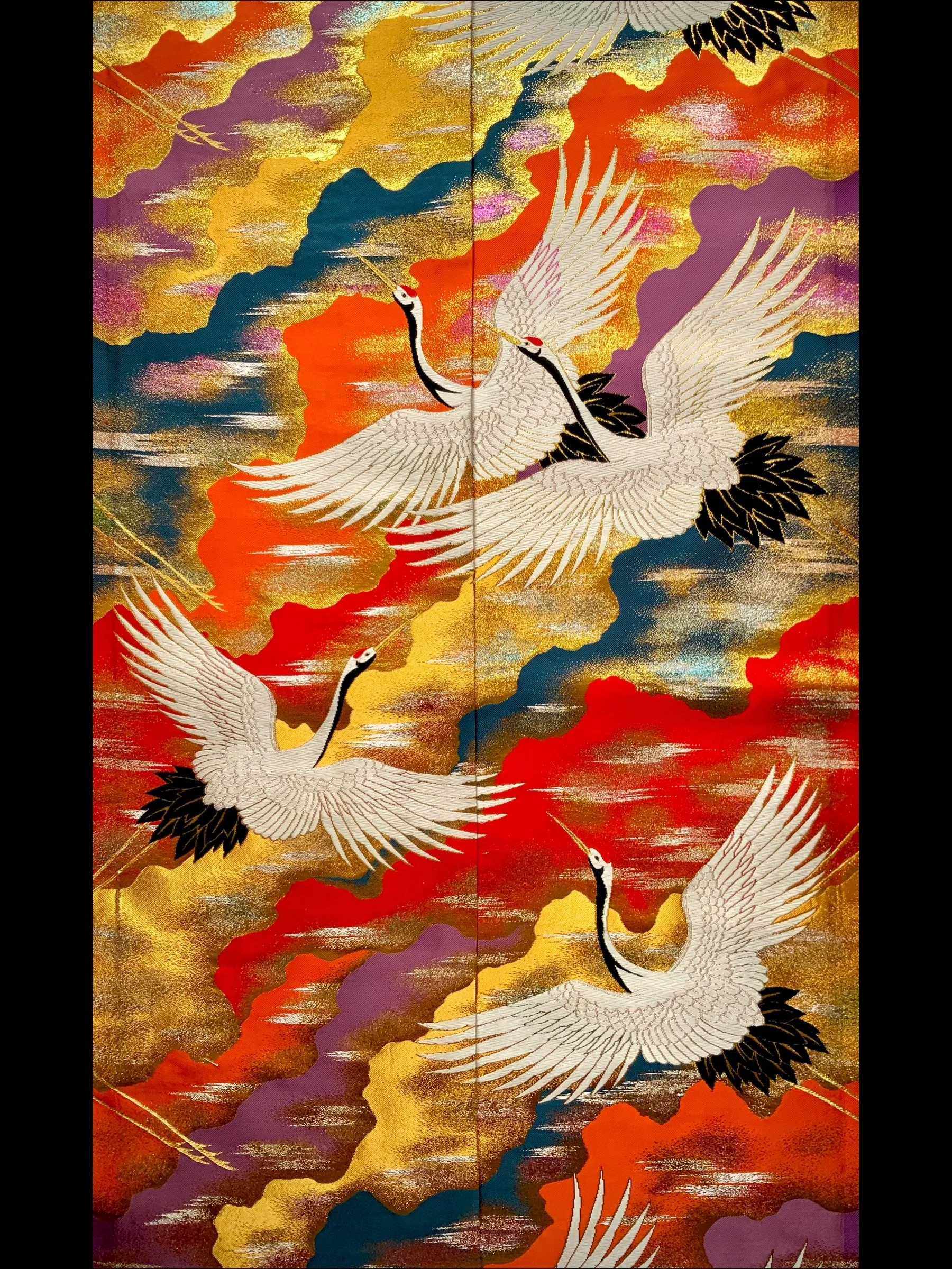Iridescent Uchikake kimono silk with cloud and crane design