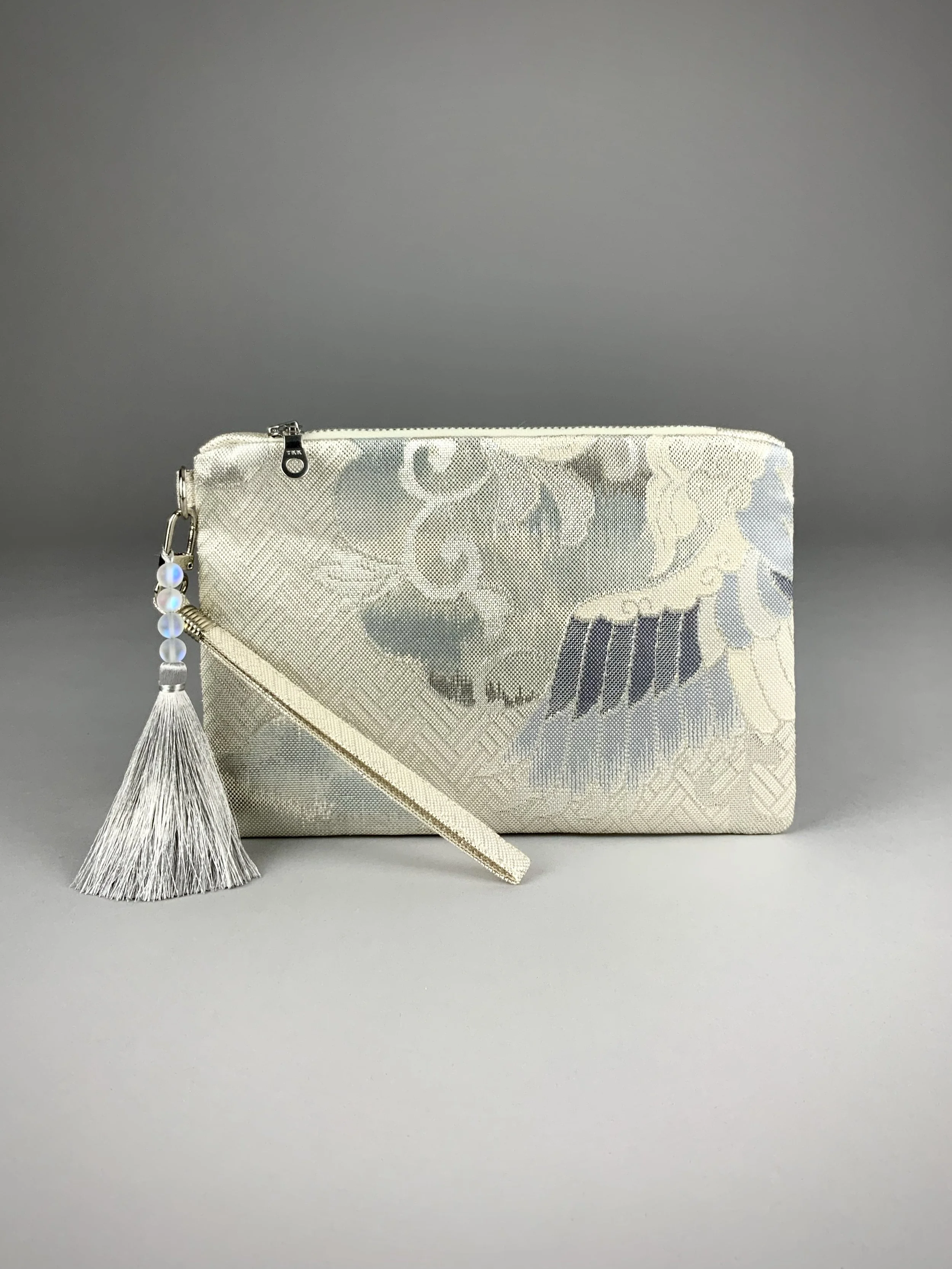 silver clutch purse with tassel and moonstone beads, made from vintage Japanese obi silk