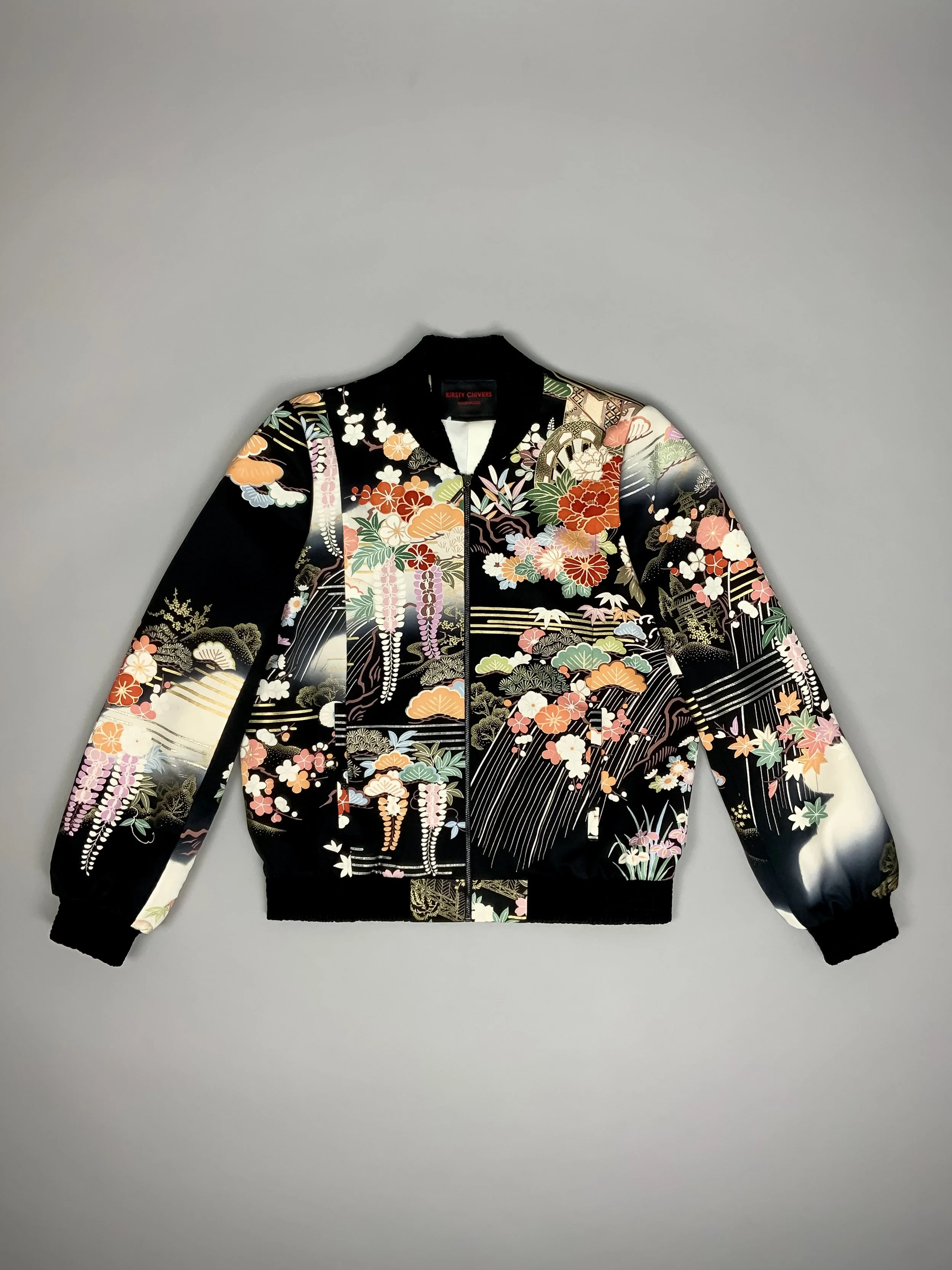 Unique black printed bomber jacket handmade using vintage Japanese Furisode kimono silk