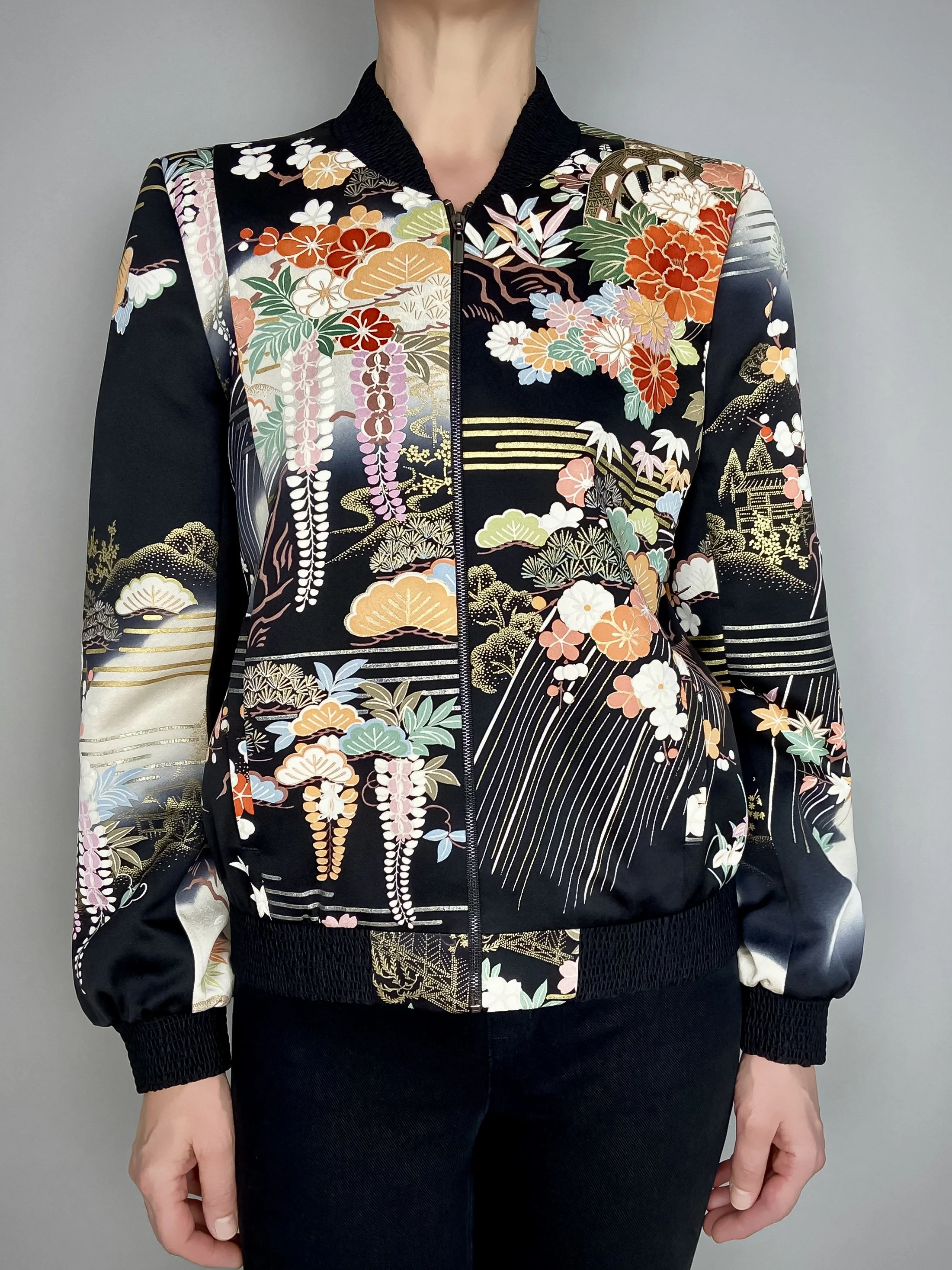 Unique black printed bomber jacket handmade using vintage Japanese Furisode kimono silk