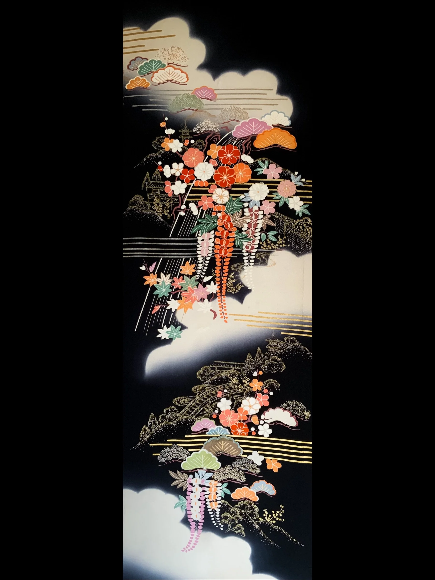 Black printed silk Furisode kimono panel
