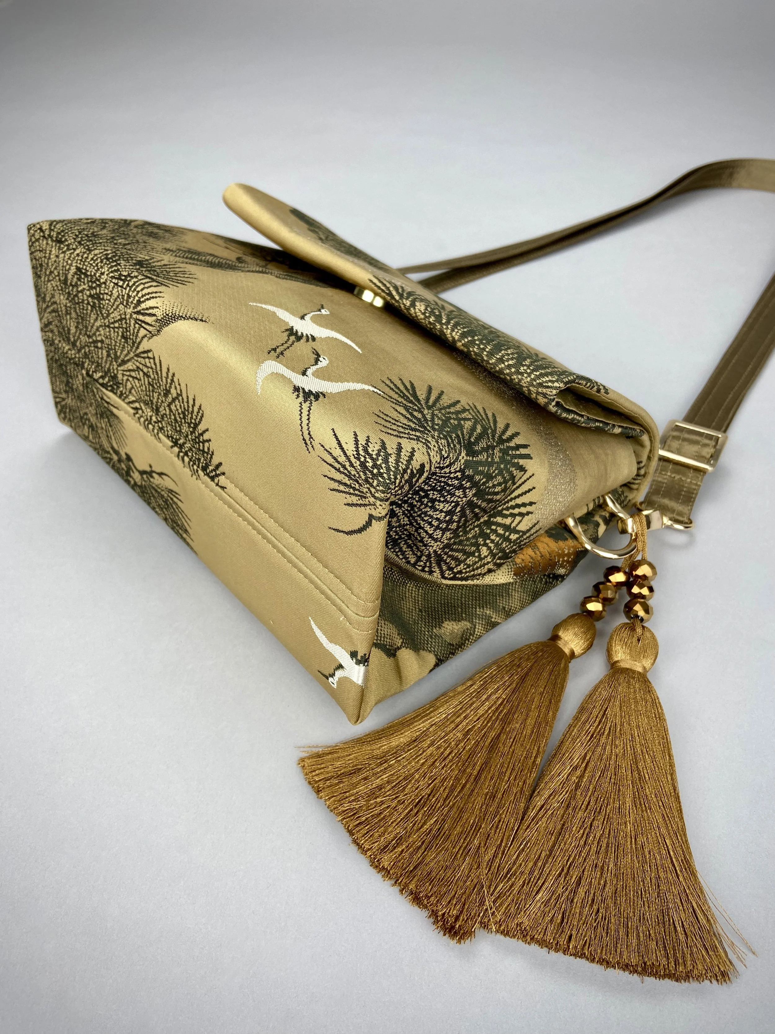 Green Matsu pine evening bag made from vintage Japanese obi silk by Kirsty Chivers