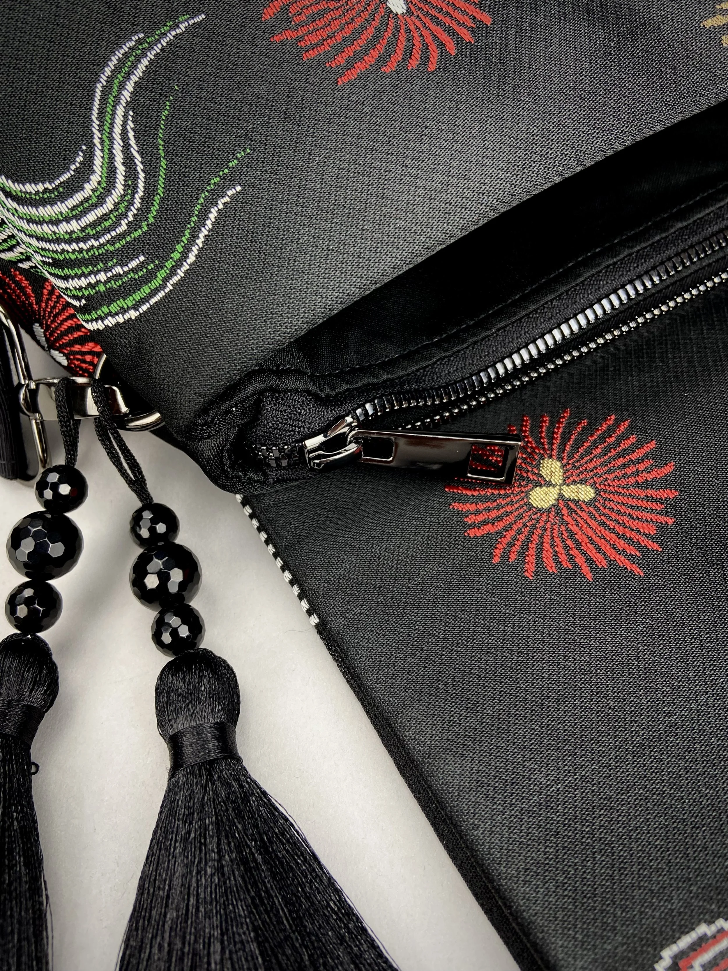 Black Dragon evening bag made from vintage Japanese obi fabric by Kirsty Chivers