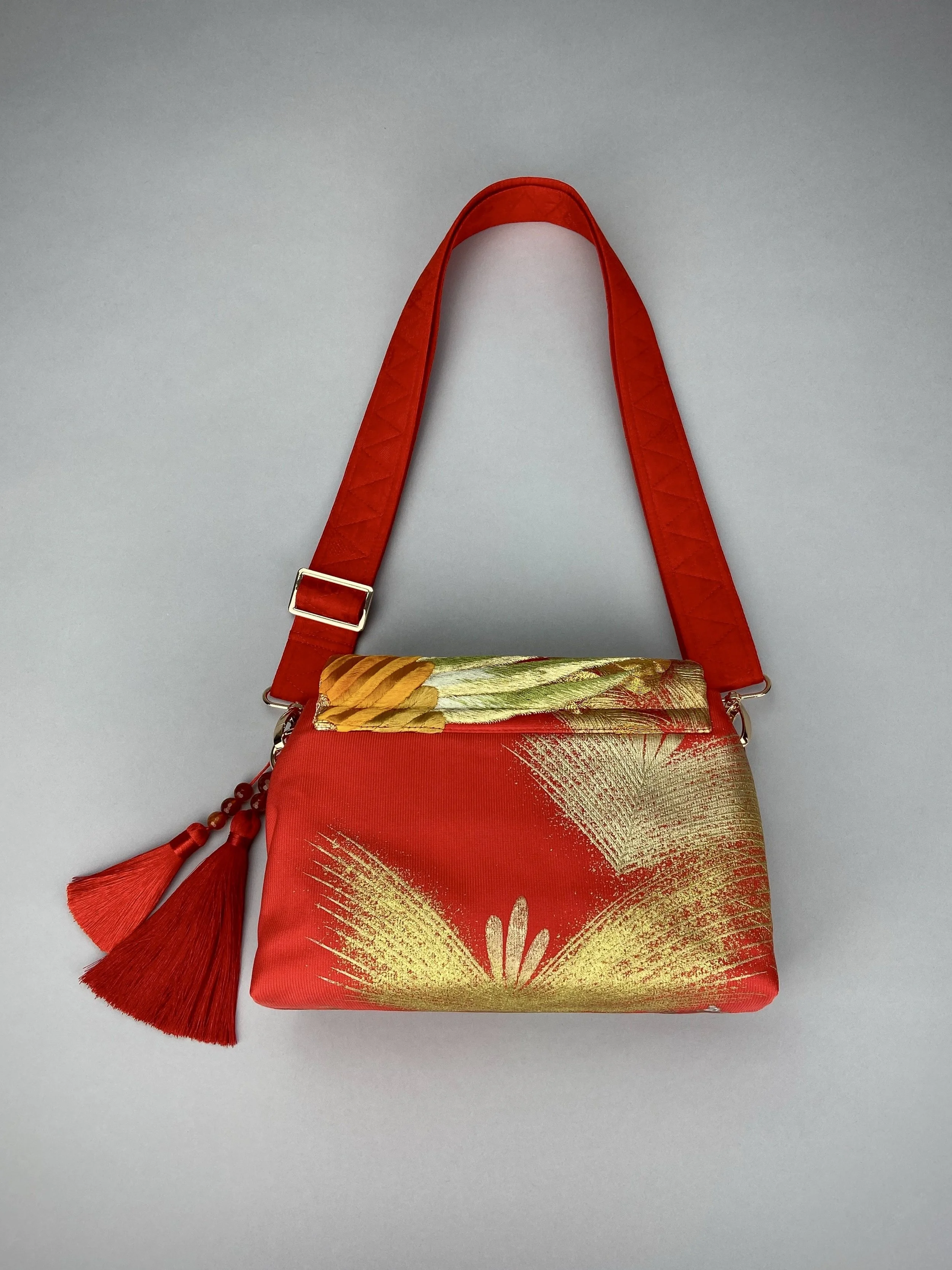 Vermillion red vintage kimono silk evening bag with gold Peacock feather design, Agate beaded tassel charm by Kirsty Chivers