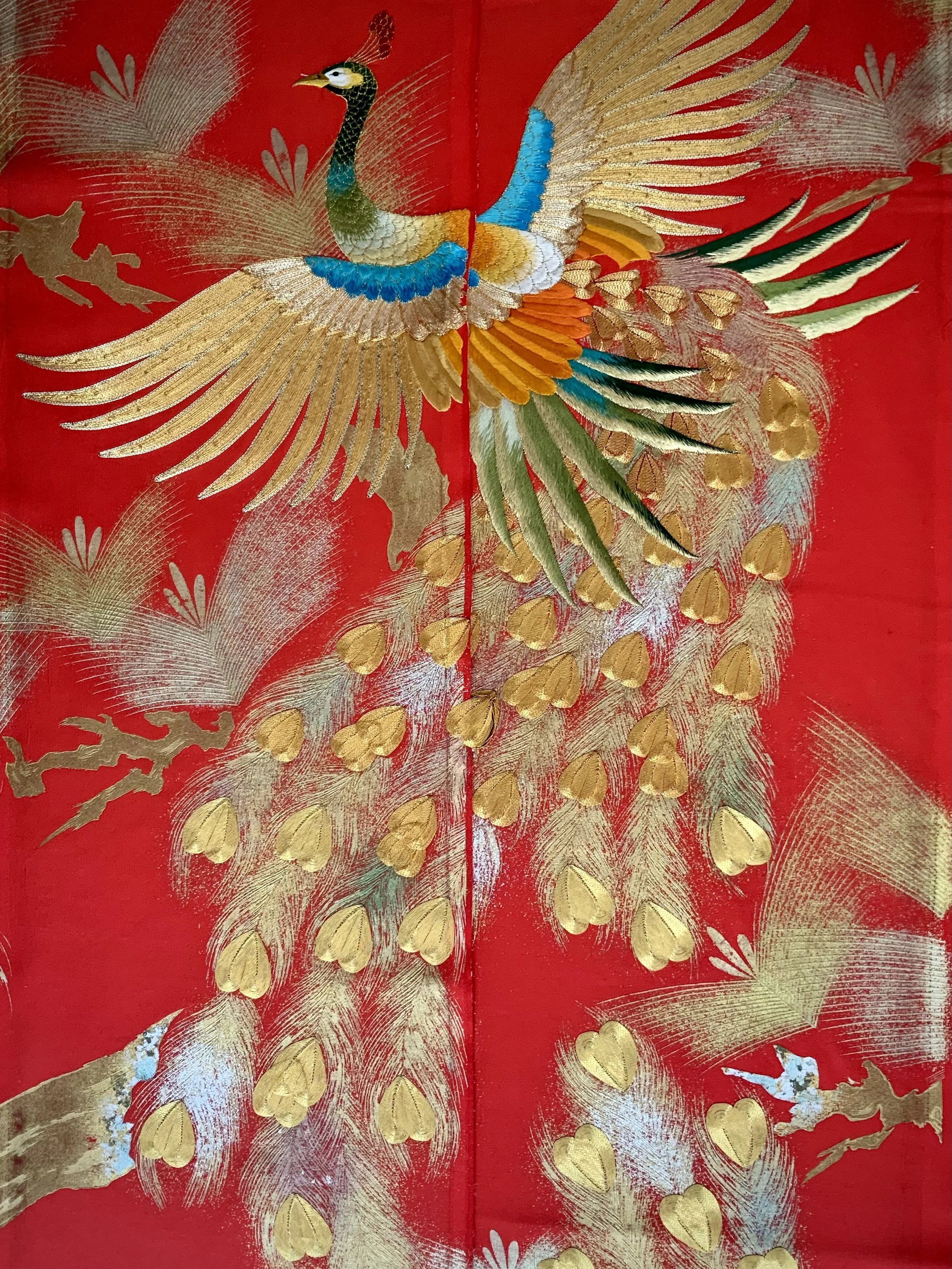Vermillion red vintage kimono silk evening bag with gold Peacock feather design by Kirsty Chivers