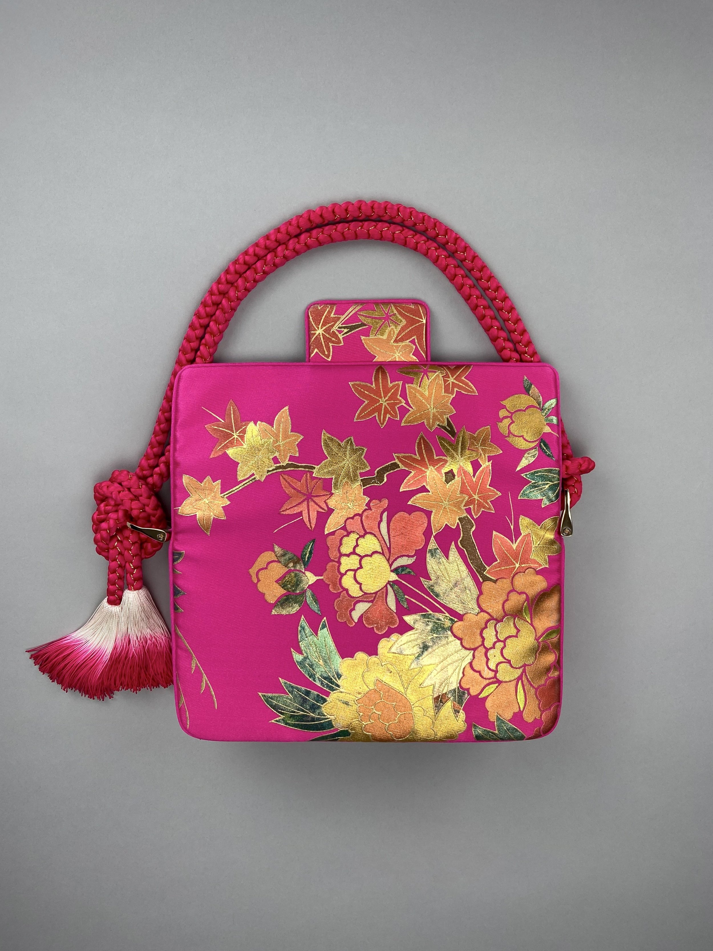 Cherry Pink & Gold Maple Leaf baguette bag, handmade from vintage Japanese kimono silk with ombre tassel obijime cord strap by Kirsty Chivers