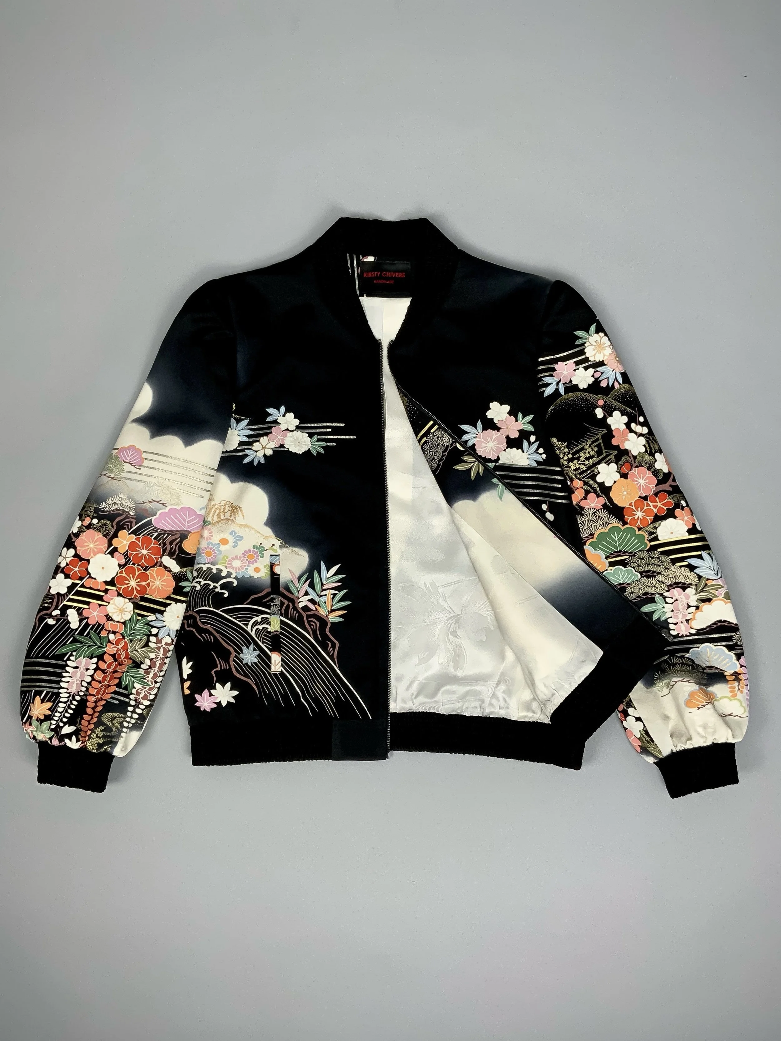 Unique bomber jacket with printed design, handmade with vintage Japanese Furisode kimono silk