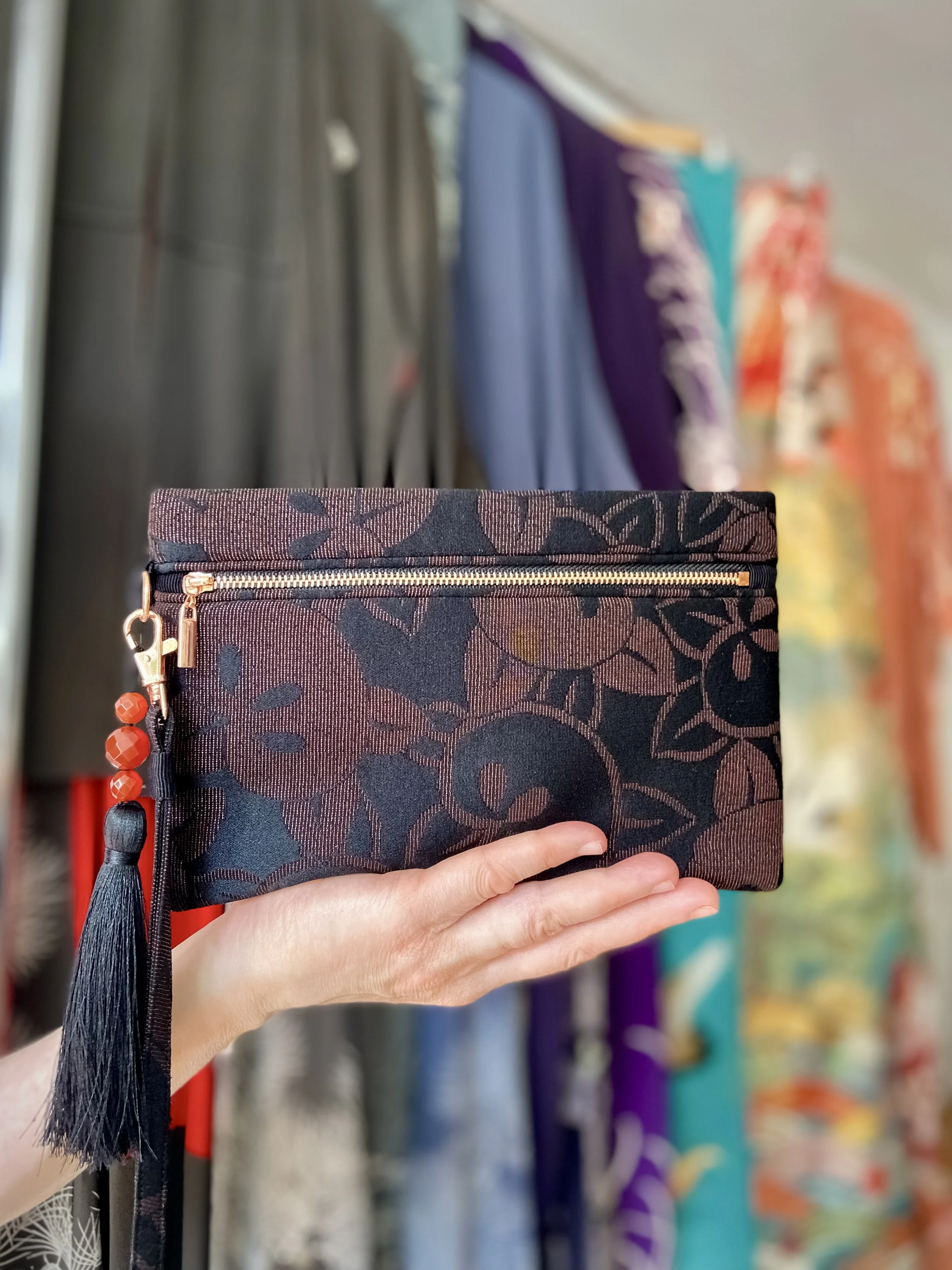 Glittery black evening clutch with tassel made from vintage Japanese kimono silk