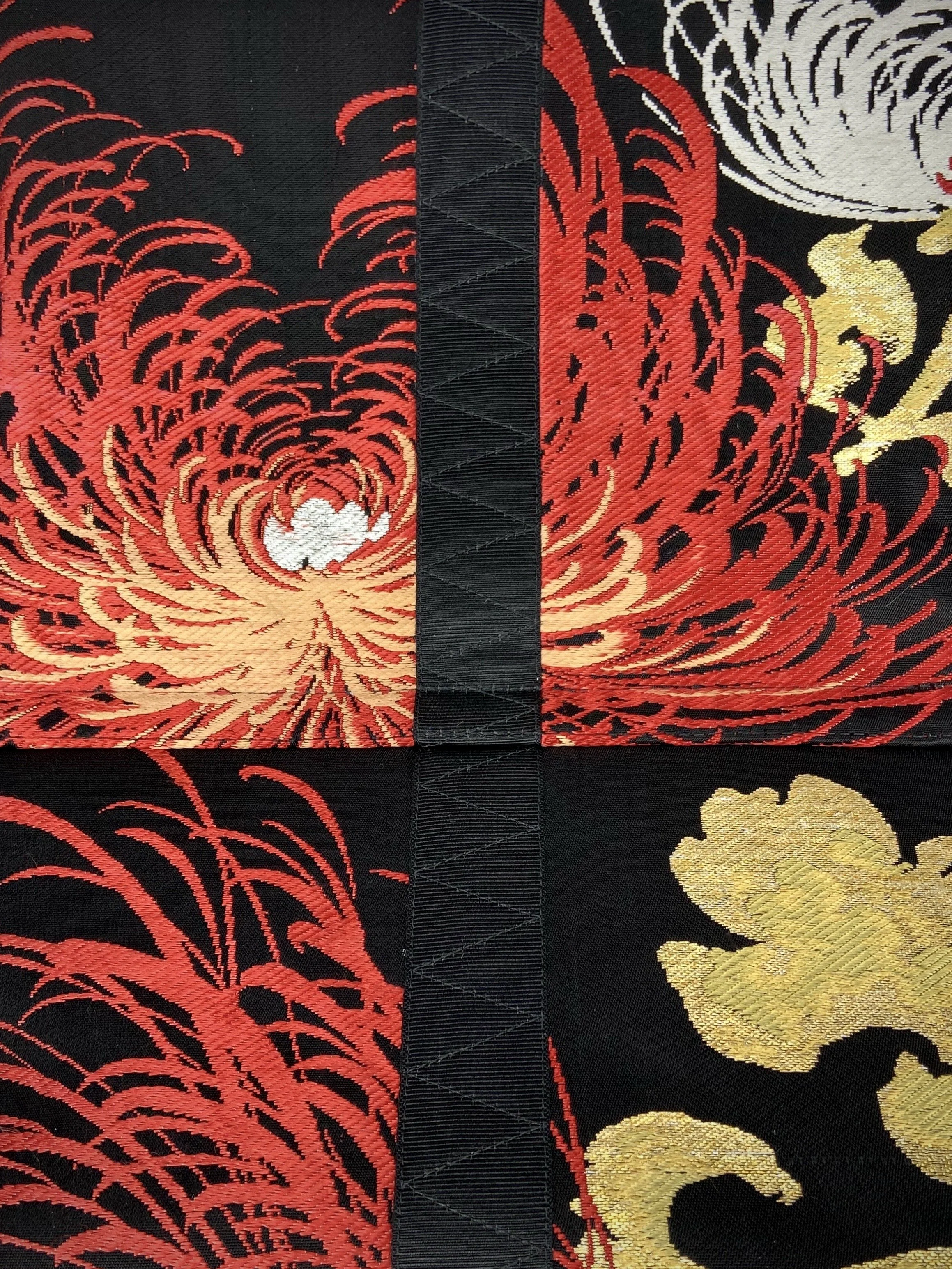 Black Chrysanthemum vintage obi silk and rayon fold bag with gold hardware and black silk tassel charm by Kirsty Chivers