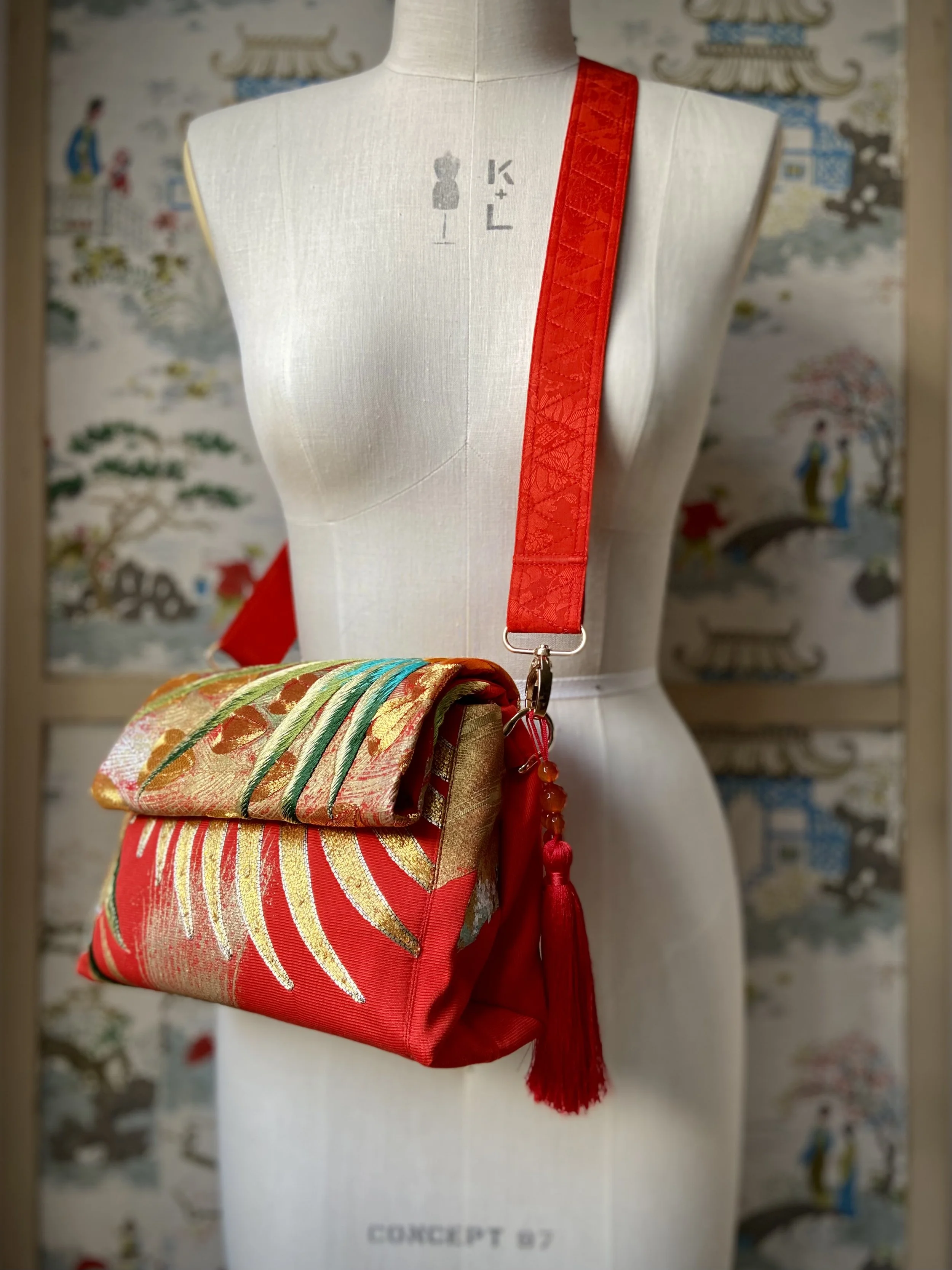 Vermillion red vintage kimono silk evening bag with gold Peacock feather design, Agate beaded tassel charm by Kirsty Chivers