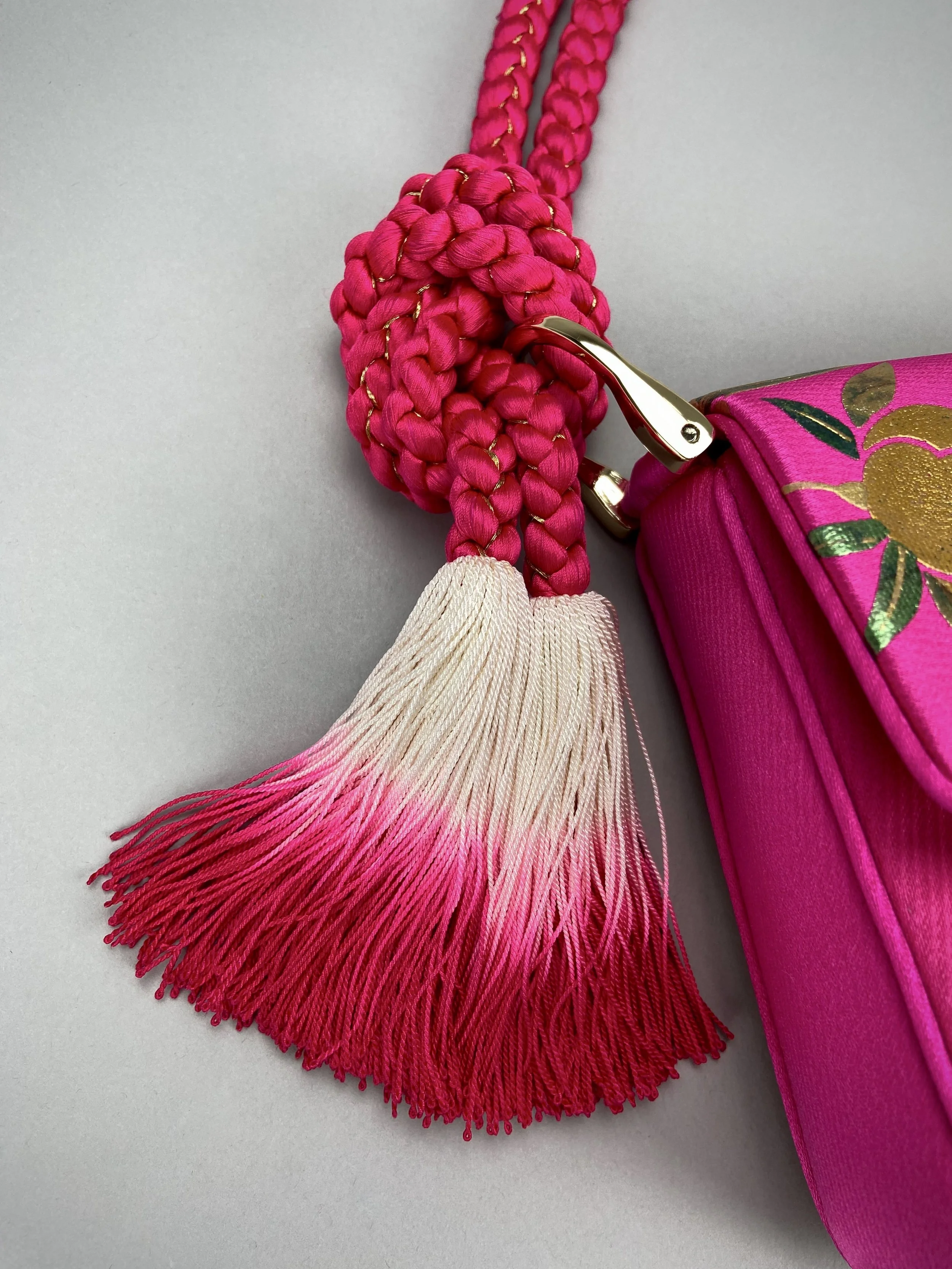 Cherry Pink & Gold Maple Leaf baguette bag, handmade from vintage Japanese kimono silk with ombre tassel obijime cord strap by Kirsty Chivers
