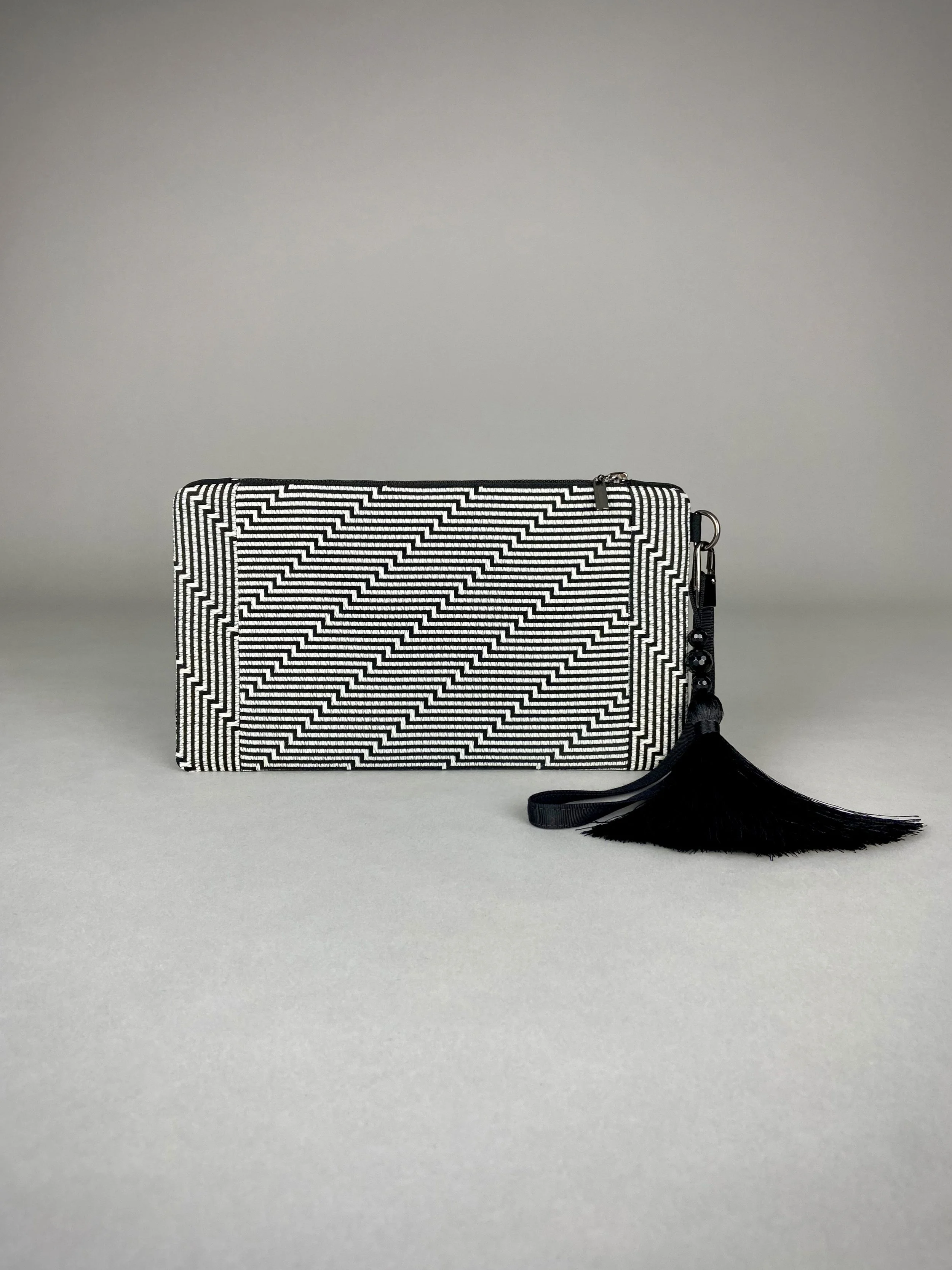 Black Dragon wristlet purse, handmade from vintage Japanese obi fabric, embellished with silk tassel & Onyx beads, by Kirsty Chivers