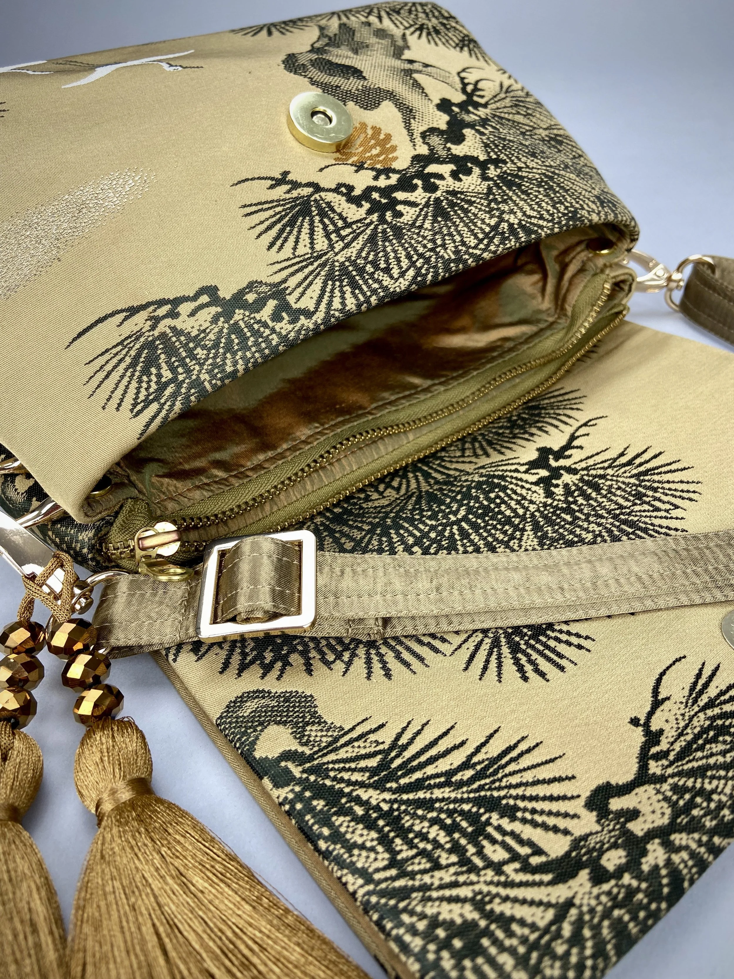 Green Matsu pine evening bag made from vintage Japanese obi silk by Kirsty Chivers