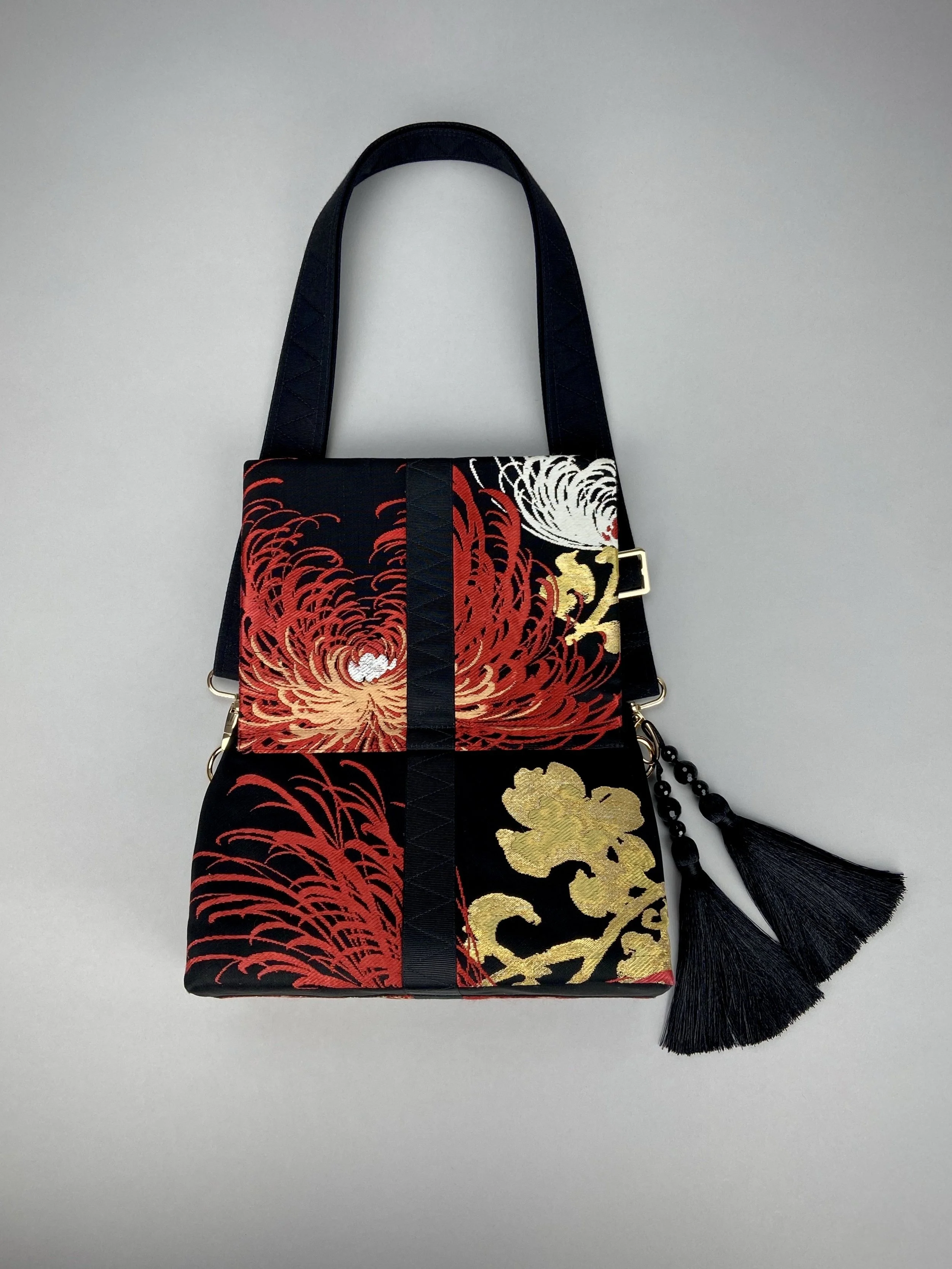 Black Chrysanthemum vintage obi silk and rayon fold bag with gold hardware and black silk tassel charm by Kirsty Chivers