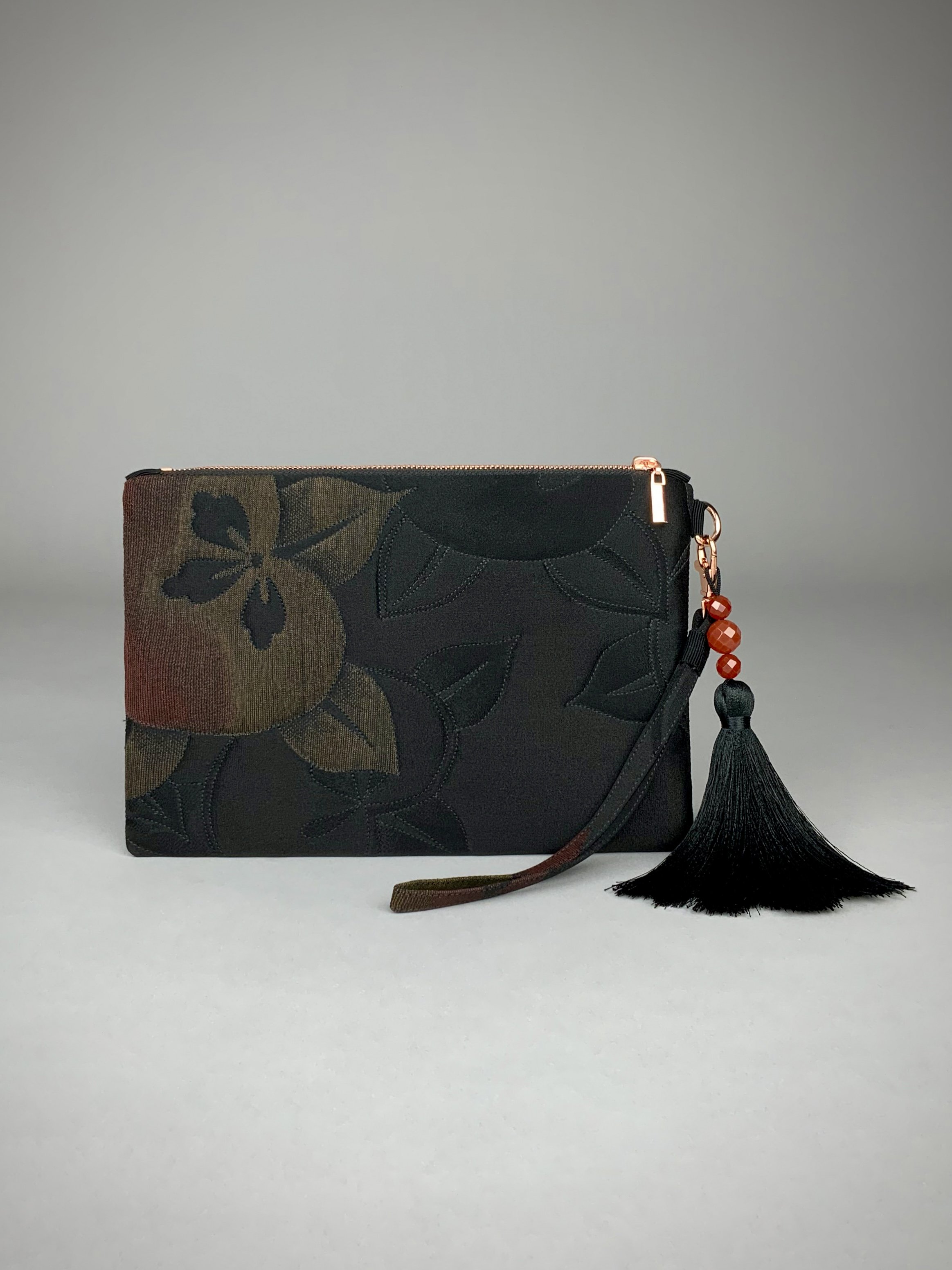 Black silk satin wristlet purse with quilted Persimmon fruit design & silk tassel, made from vintage Japanese kimono fabric by Kirsty Chivers
