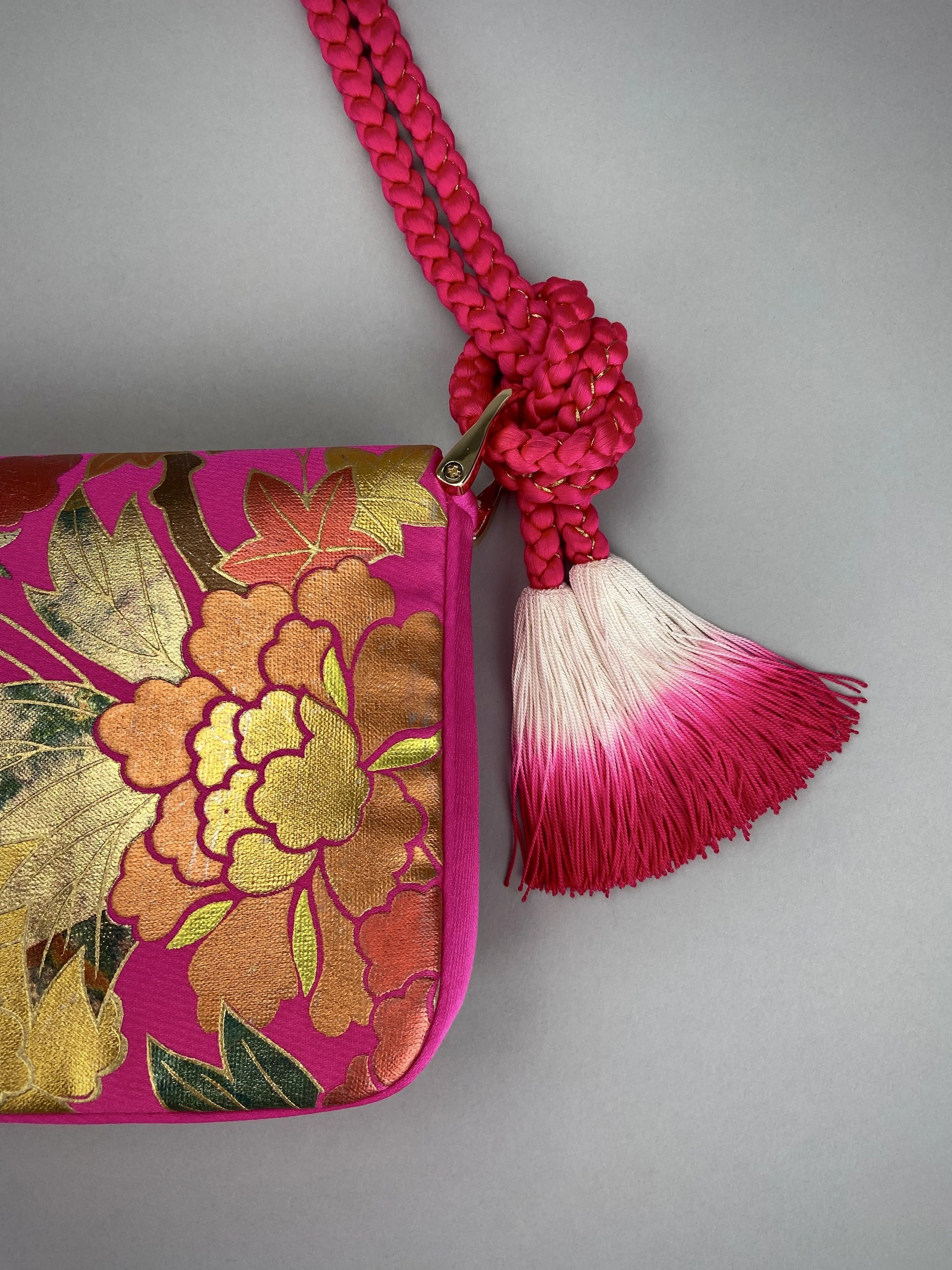 Cherry Pink & Gold Maple Leaf baguette bag, handmade from vintage Japanese kimono silk with ombre tassel obijime cord strap by Kirsty Chivers