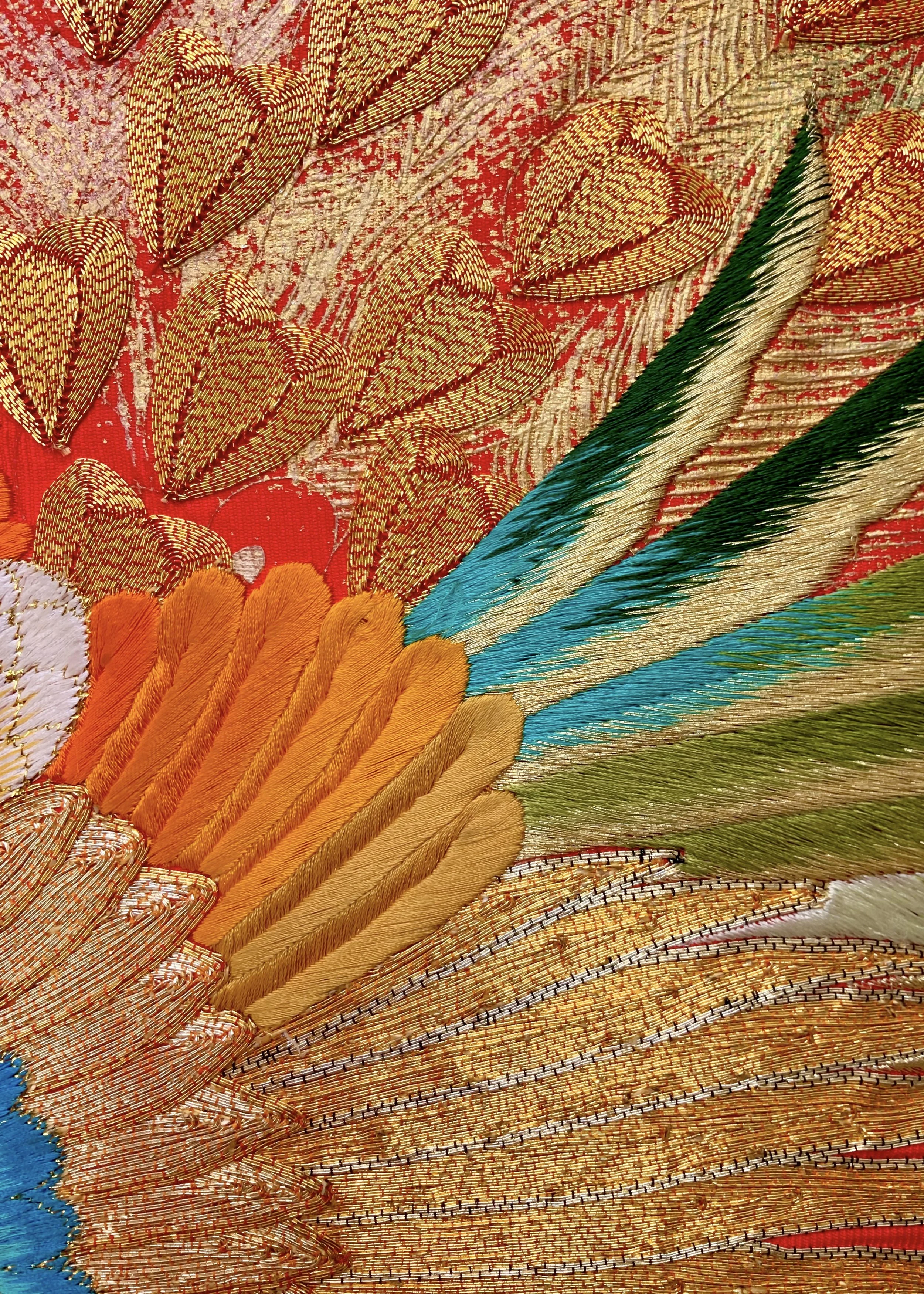 Vermillion red vintage kimono silk evening bag with gold Peacock feather design by Kirsty Chivers