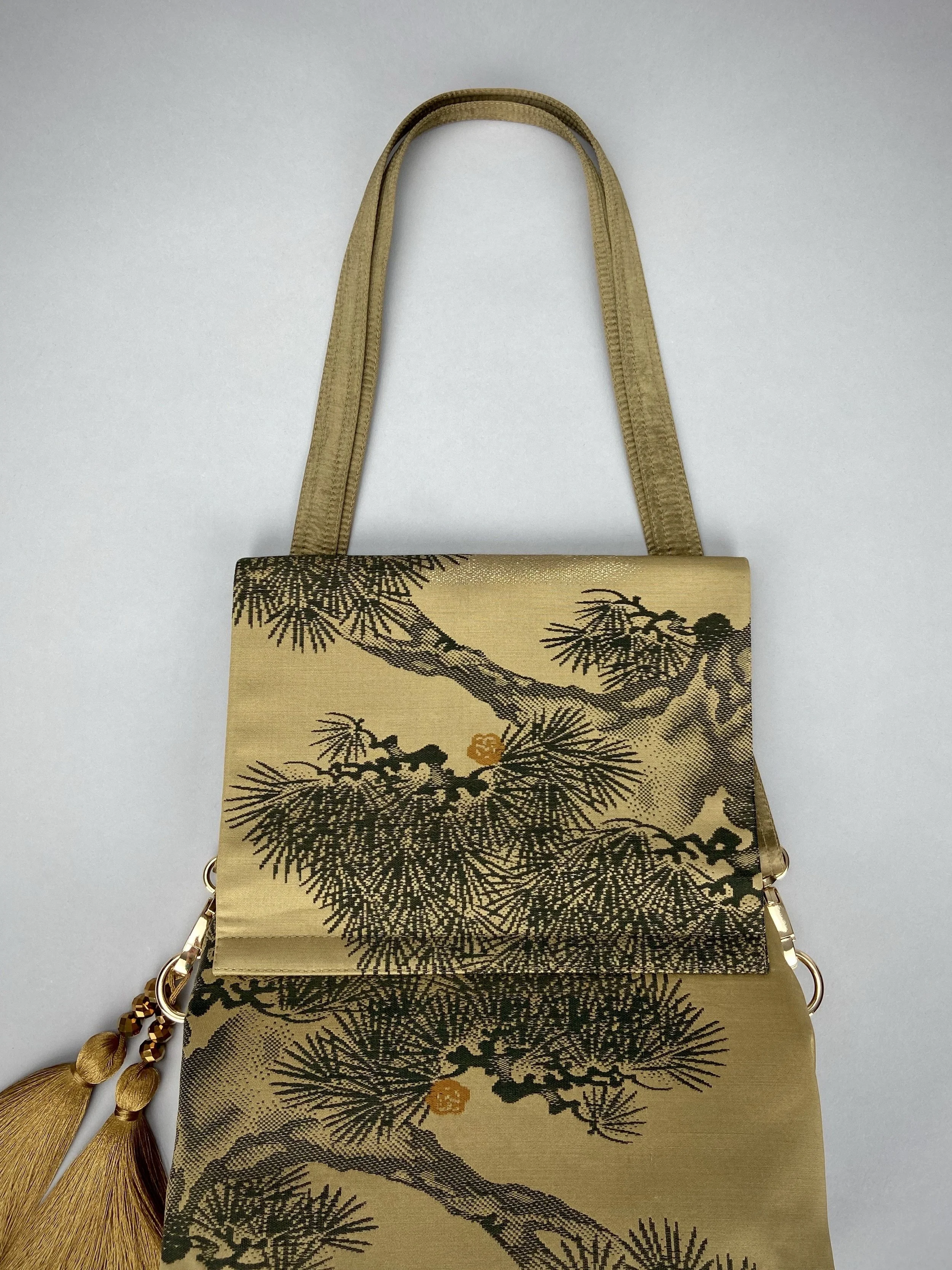 Green Matsu pine evening bag made from vintage Japanese obi silk by Kirsty Chivers