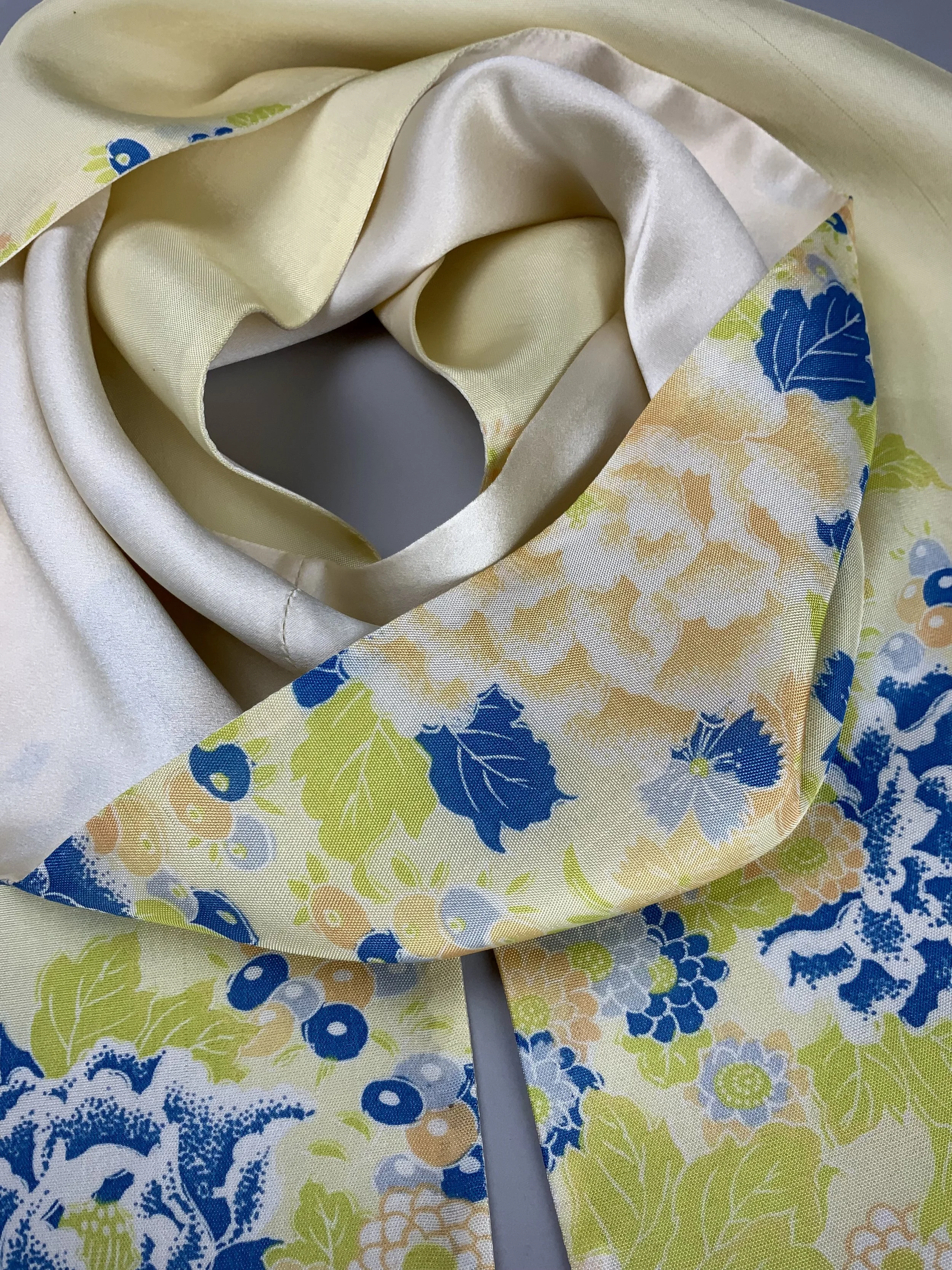 Closeup of yellow scarf with blossom print handmade from kimono fabric and silk satin by Kirsty Chivers