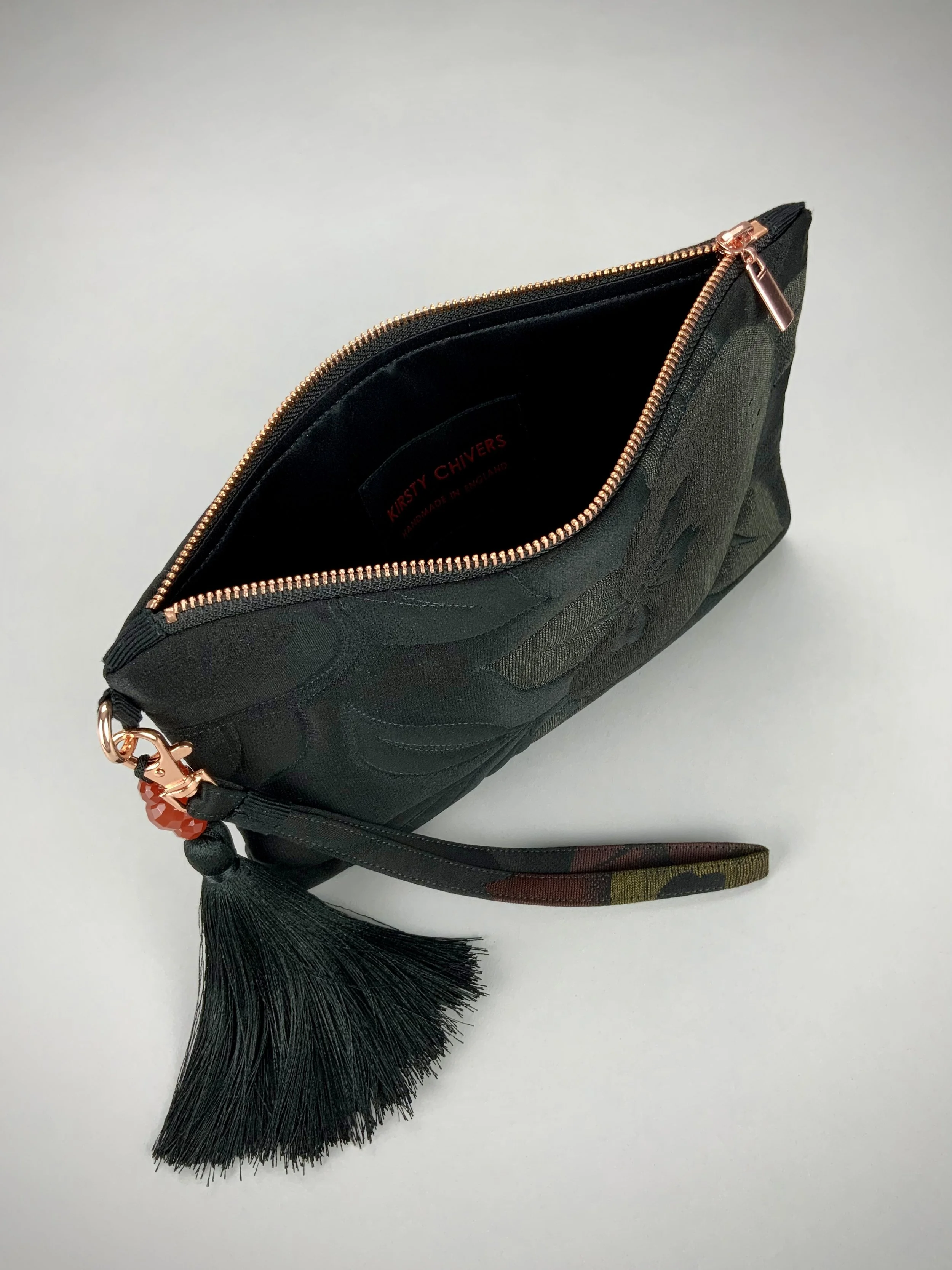 Black silk satin wristlet purse with quilted Persimmon fruit design & silk tassel, made from vintage Japanese kimono fabric by Kirsty Chivers