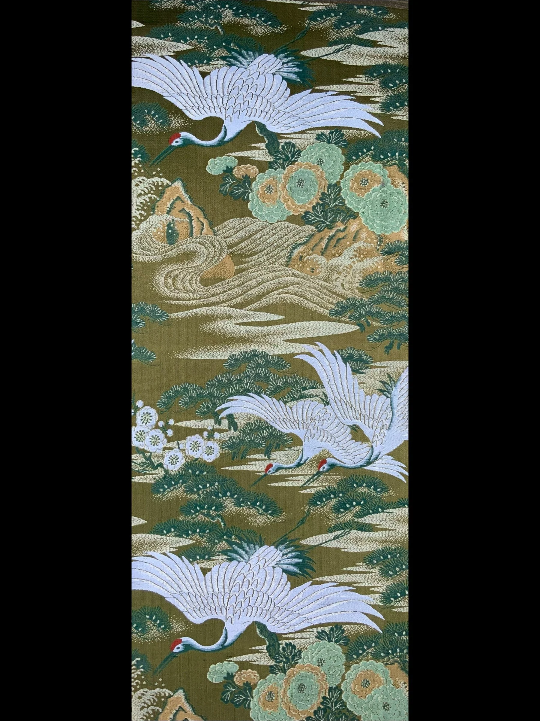 Green and gold vintage Japanese obi silk panel from a collection by Kirsty Chivers Handmade