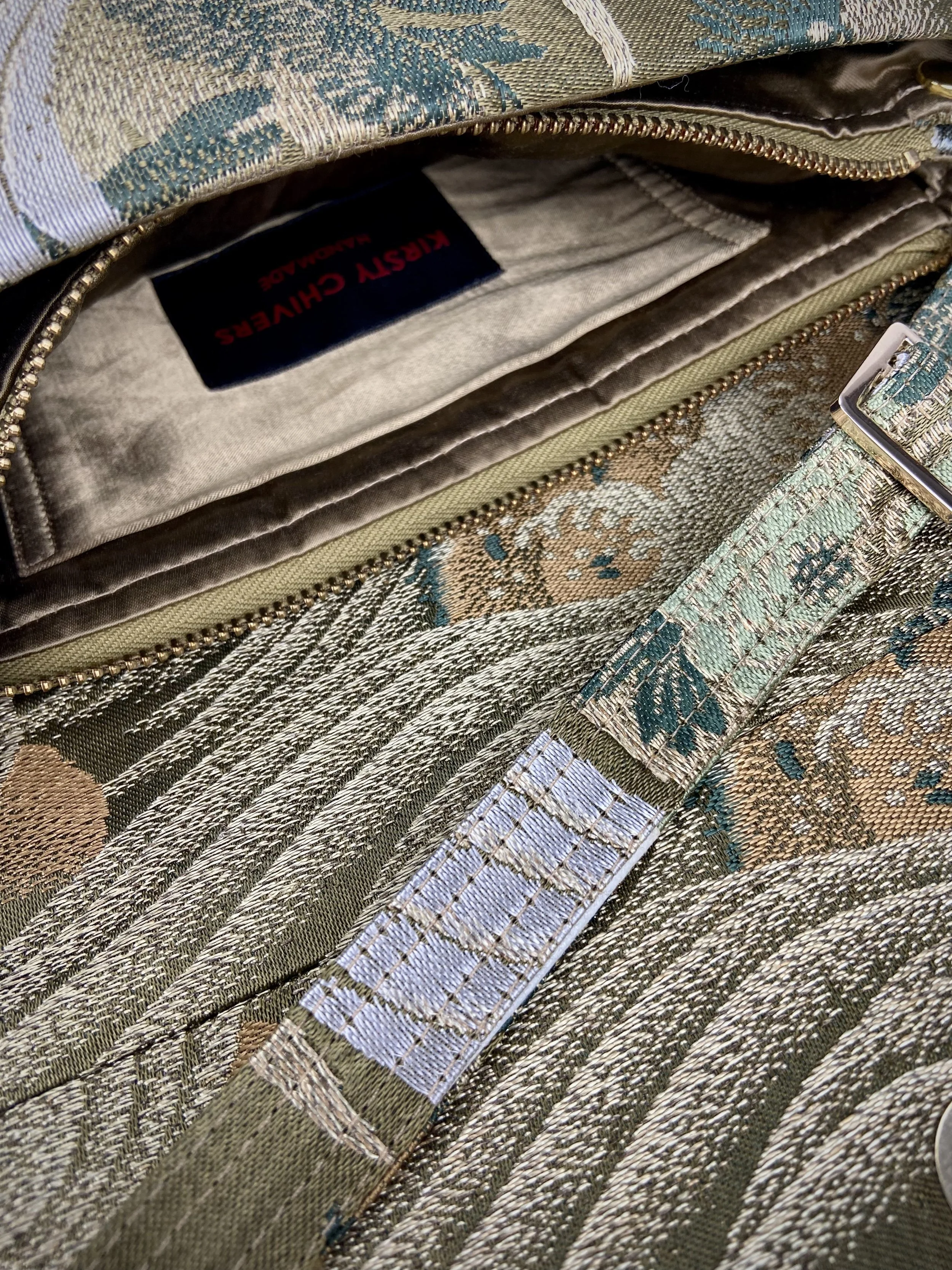 Green Flying Crane evening bag, made from repurposed vintage Japanese obi silk by Kirsty Chivers