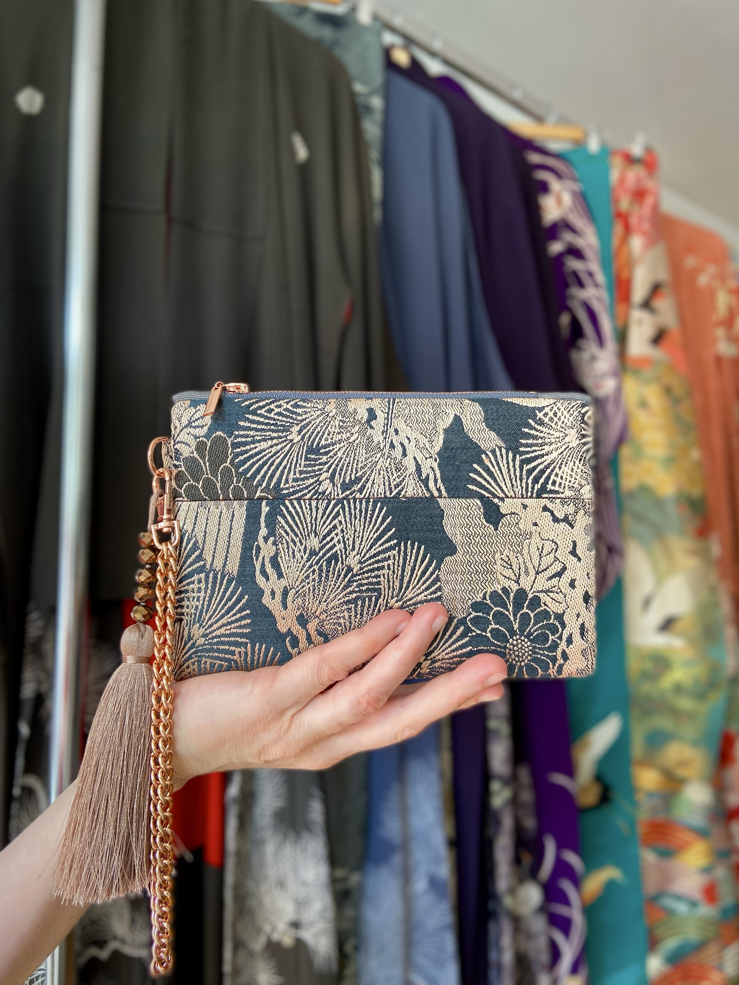 Unique evening clutch purse with tassel, made from vintage Japanese obi fabric