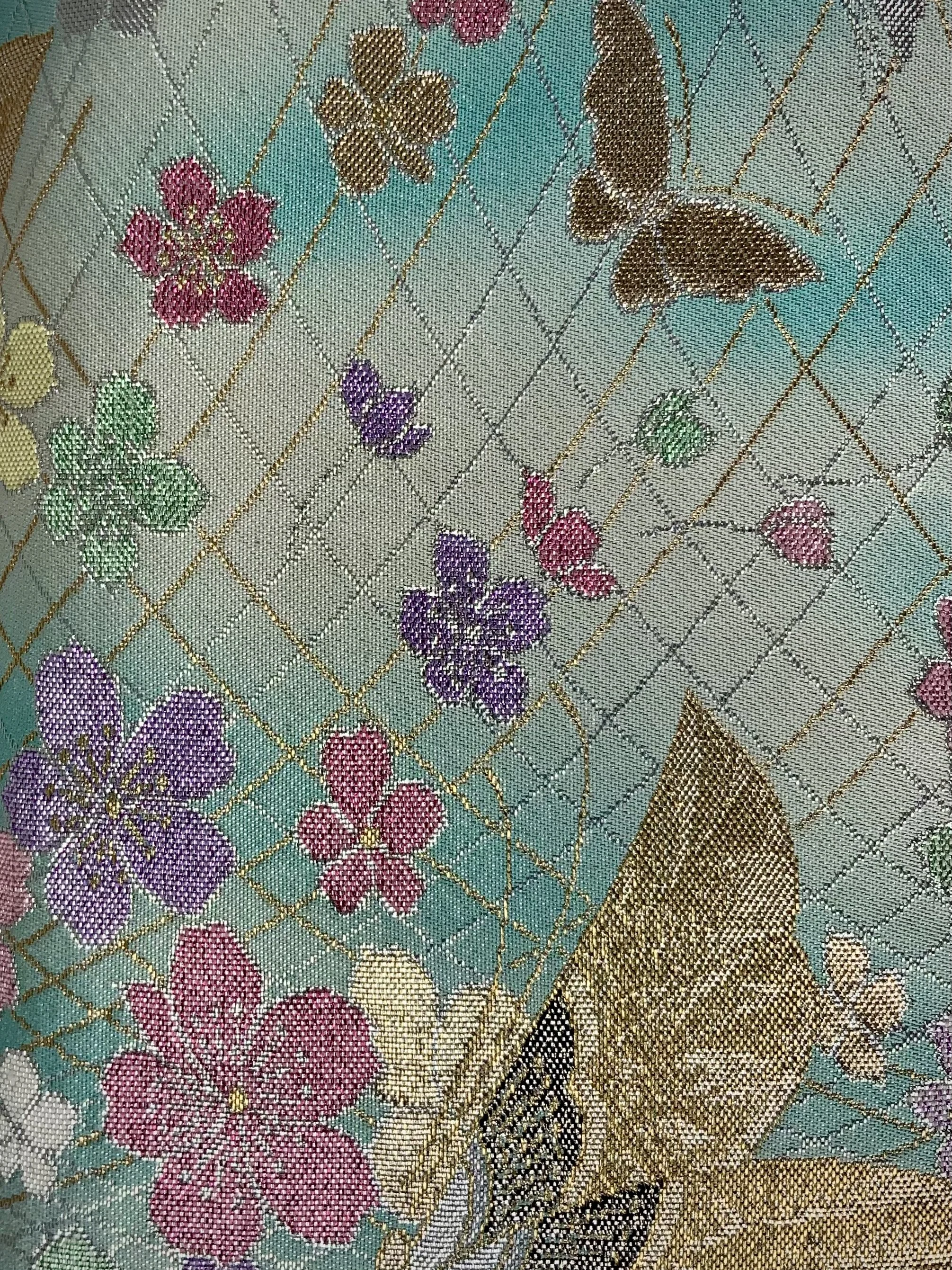 Aqua blue ombre vintage obi silk with pastel gold butterfly and blossom design