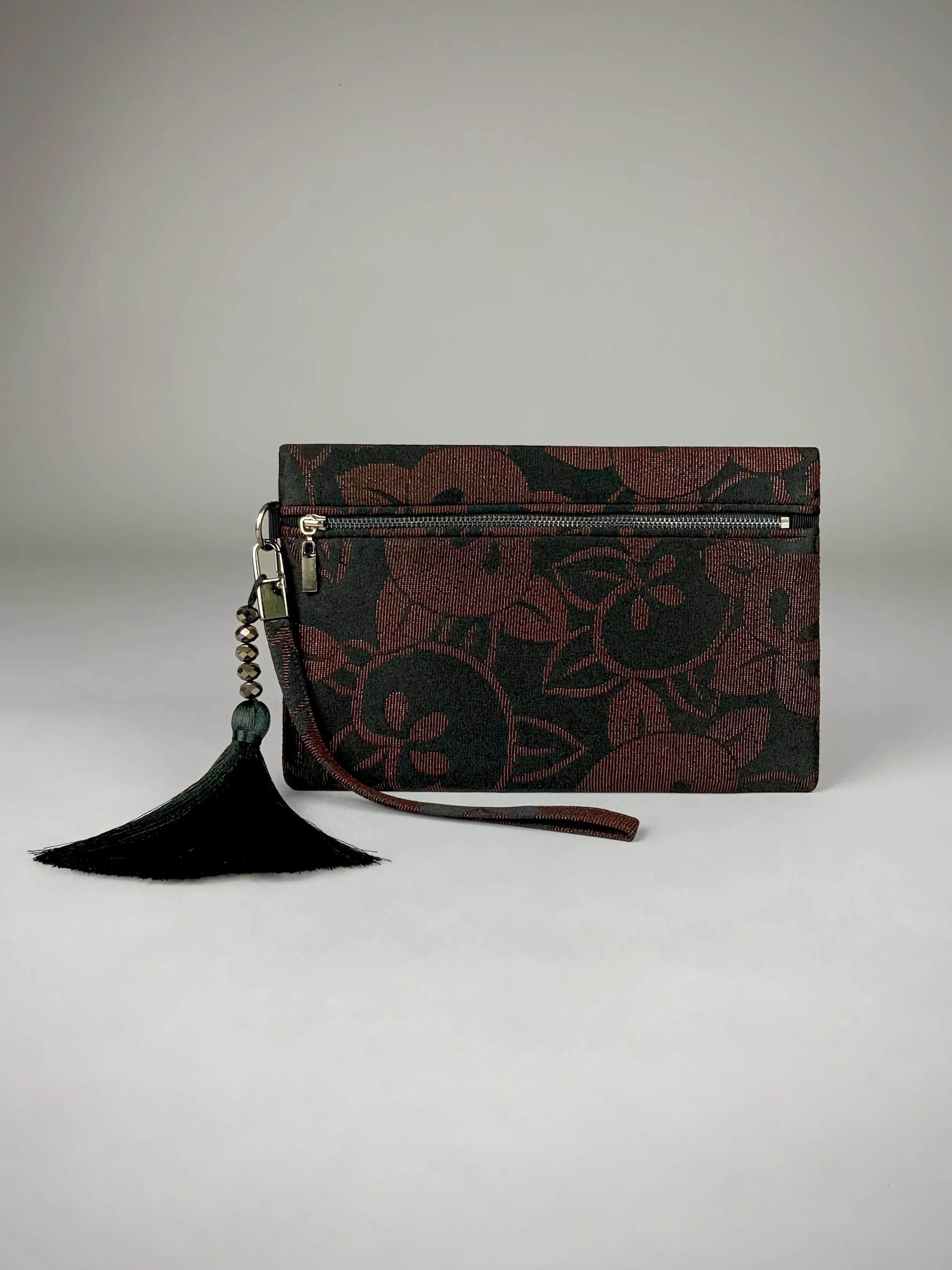 Glittery black wristlet clutch purse with tassel, handmade from vintage Japanese kimono silk