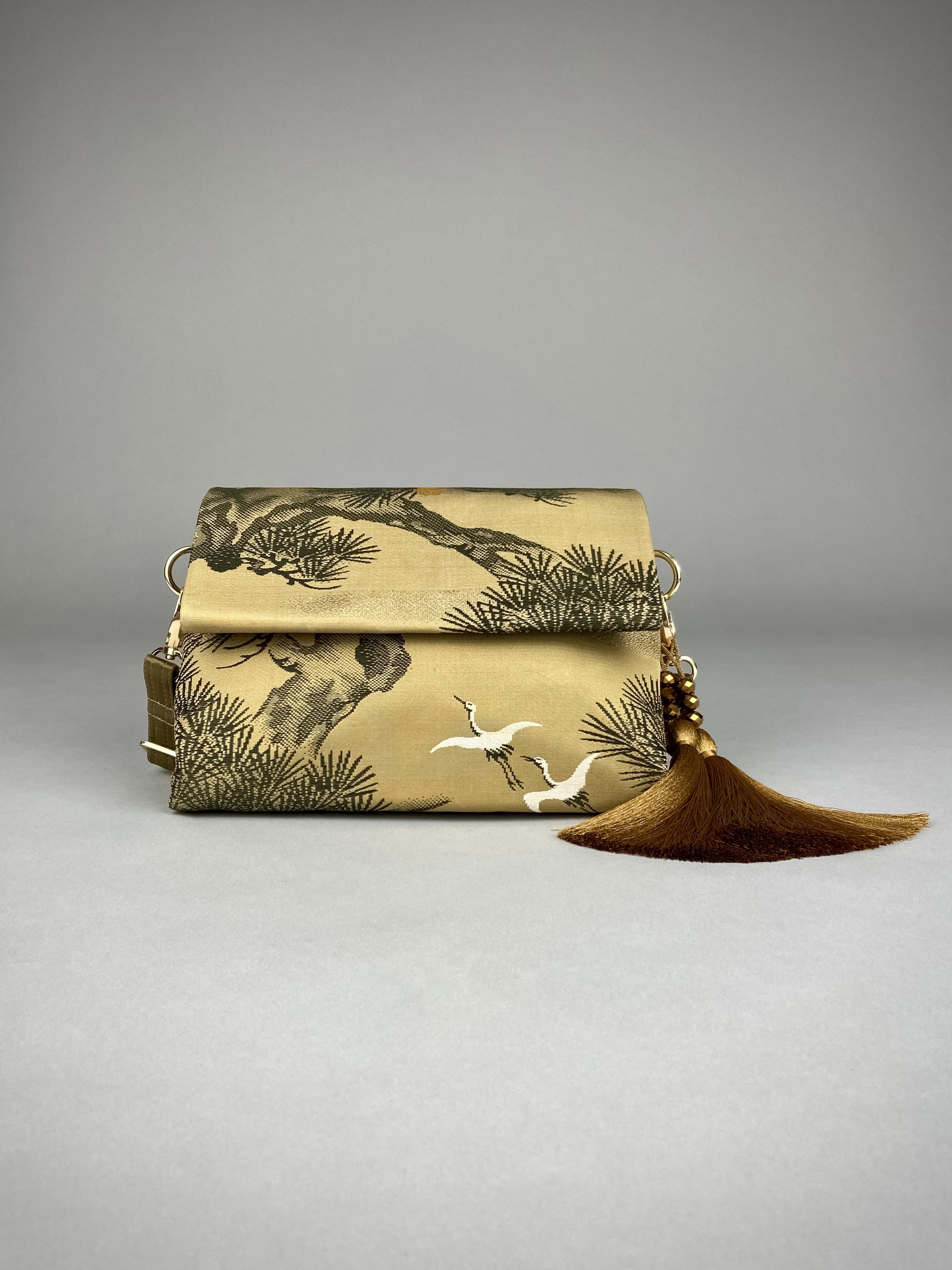 Green Matsu pine evening bag made from vintage Japanese obi silk by Kirsty Chivers